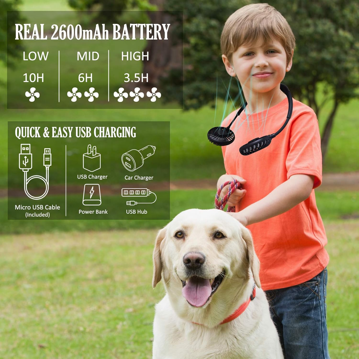 Junge mit Halsventilator und Labrador auf Gras. Batterie- und Ladeinfos.