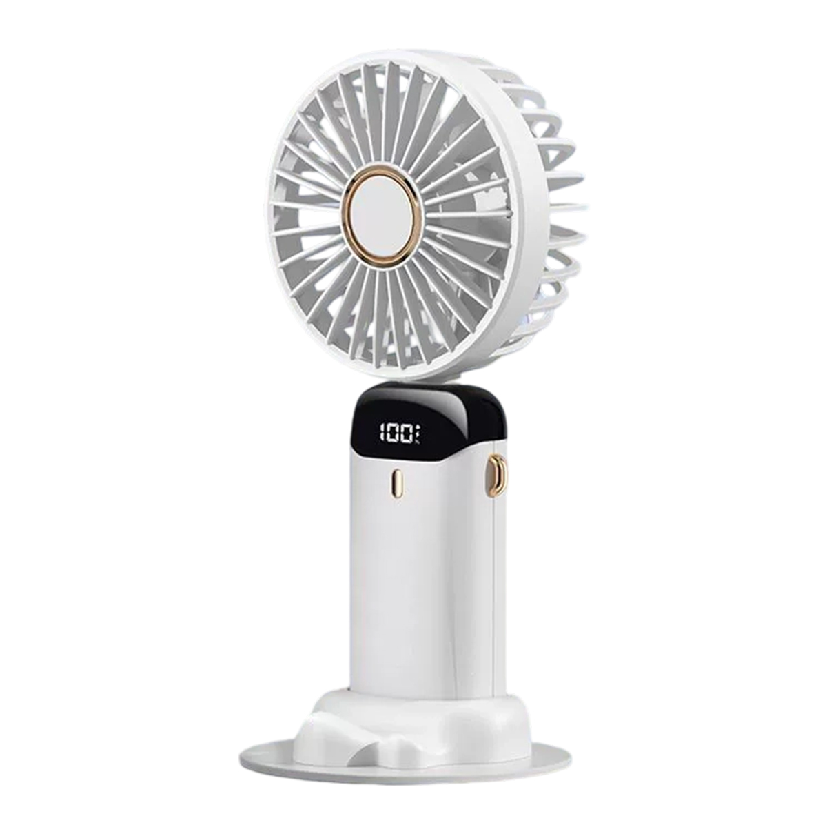 Ein weißer tragbarer Ventilator mit Ladestandanzeige auf einem runden Sockel.