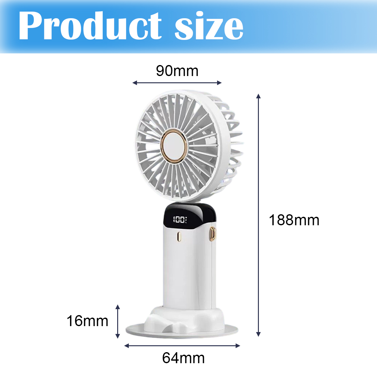 Weier tragbarer Ventilator mit Maen: 90mm Breite, 188mm Hhe, 64mm Sockelbreite, 16mm Sockelhhe.