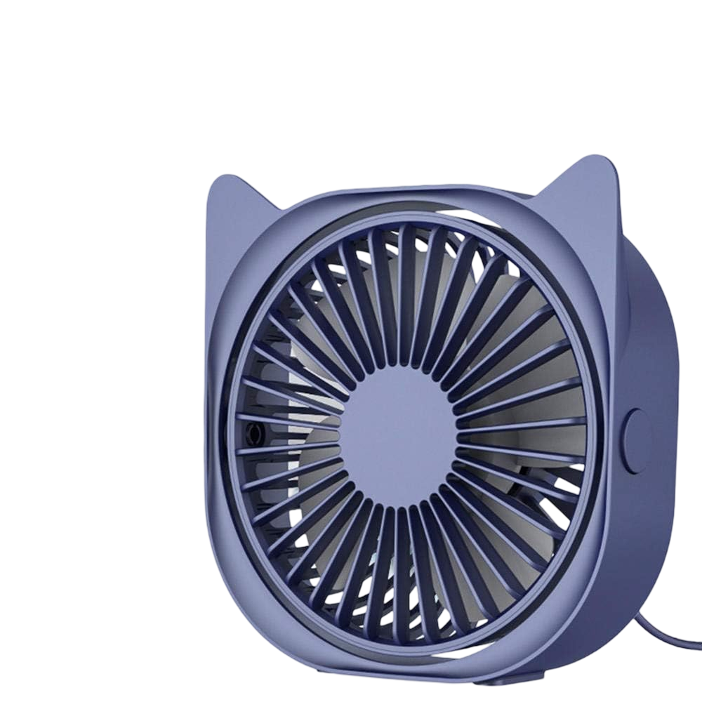 Ein blauer Ventilator mit Katzenohren und Gitter auf weißem Hintergrund.