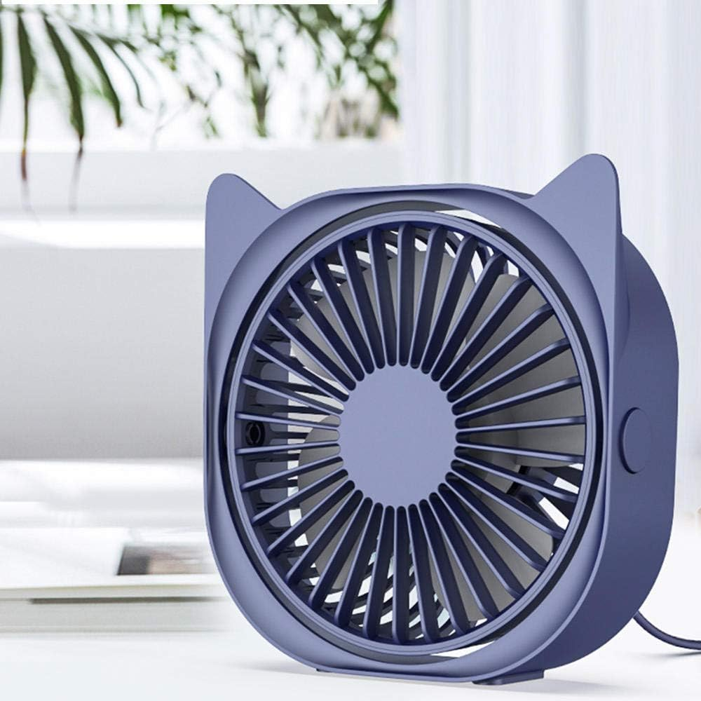 Ein blauer Ventilator mit Katzenohren steht auf einem Tisch.