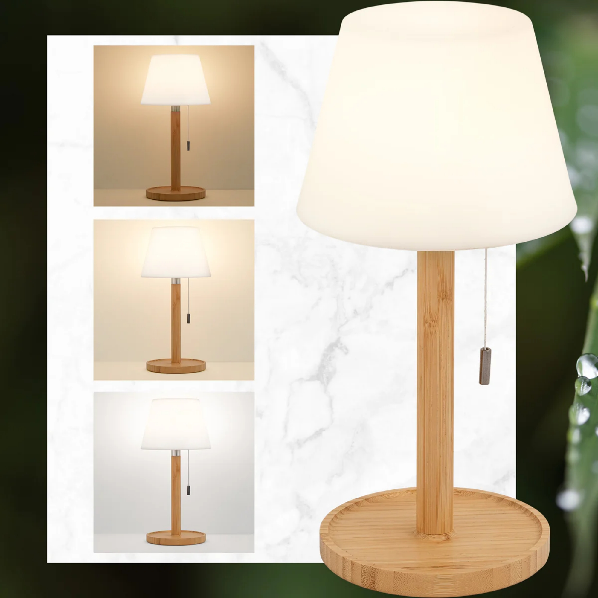 Ein kleiner Nachttischlampen-Prototyp aus Holz mit einem weißen Lampenschirm.