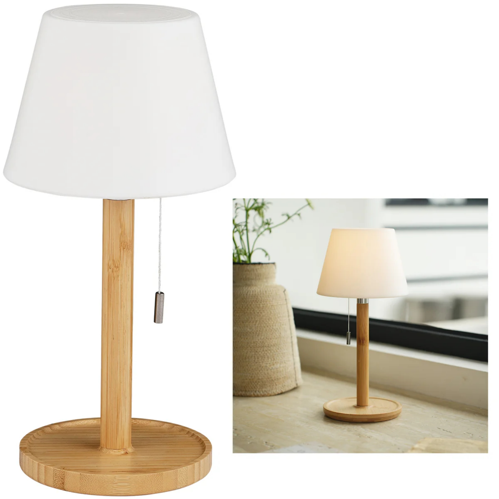 Ein kleiner Nachttischlampen-Prototyp mit weißem Schirm und Bambusfuß.