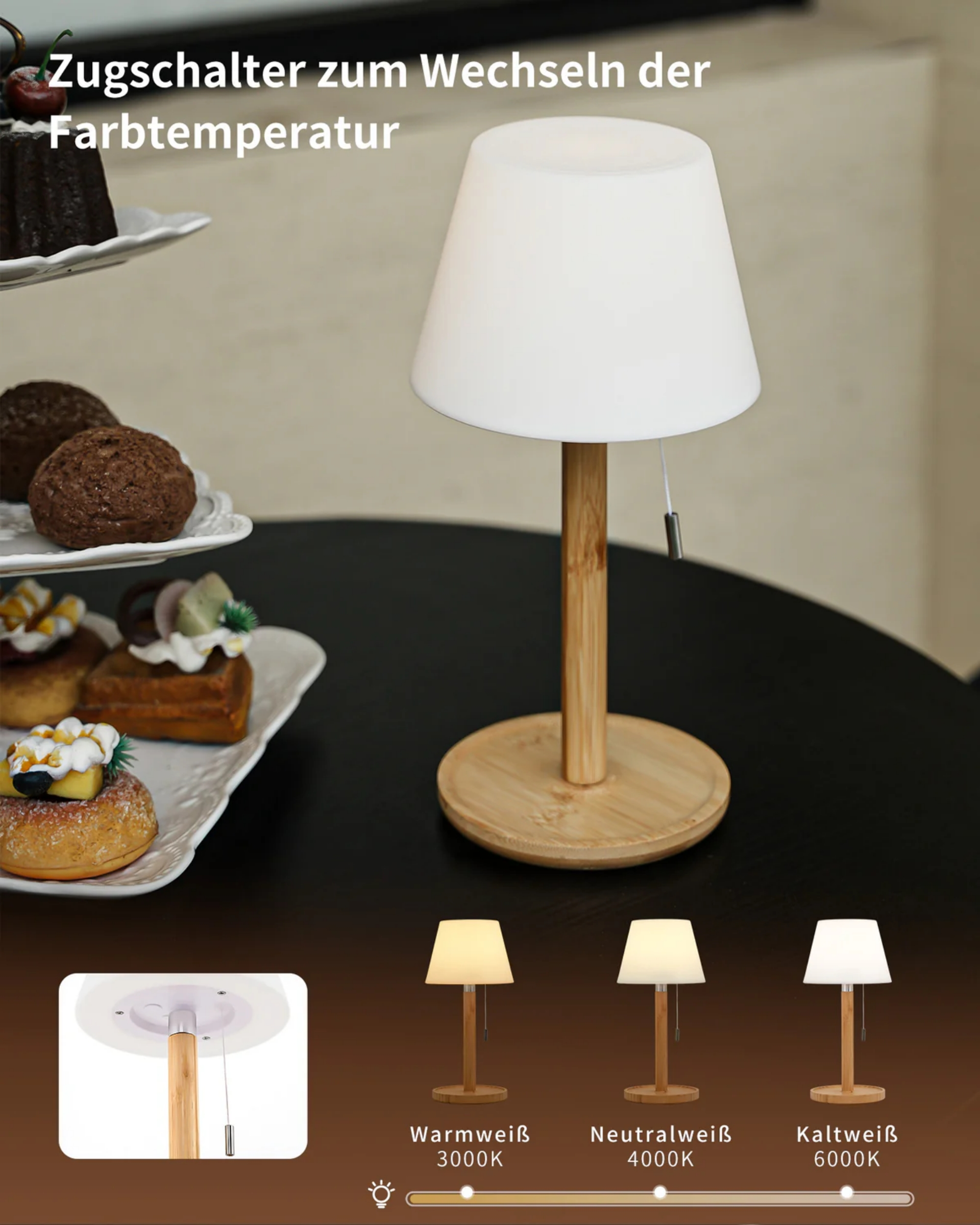 Eine Tischlampe mit Bambusfuß und weißem Schirm steht neben einem dreistöckigen Kuchenständer.