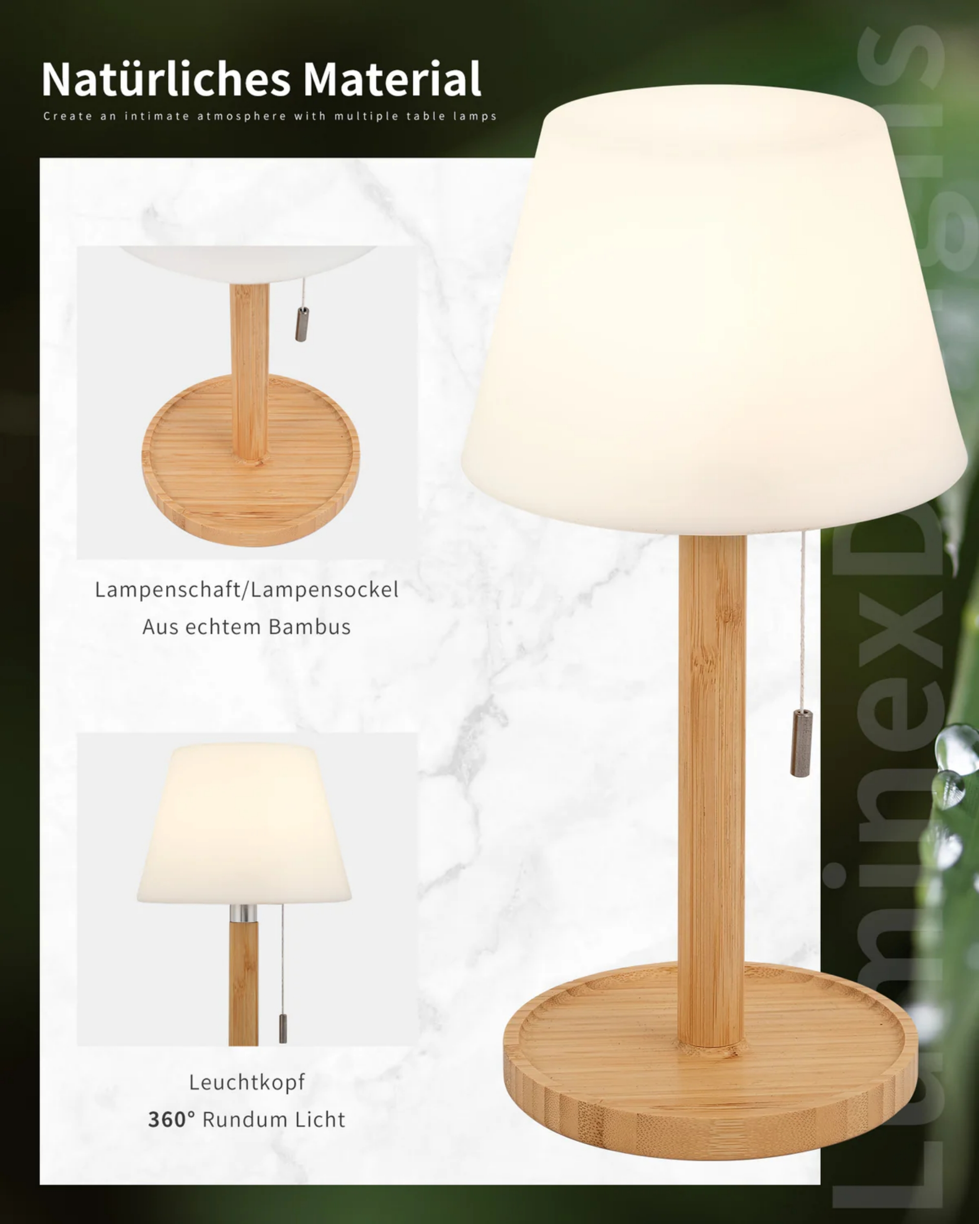 Eine Lampe aus Holz mit rundem Bambusfuß und weißem Schirm.