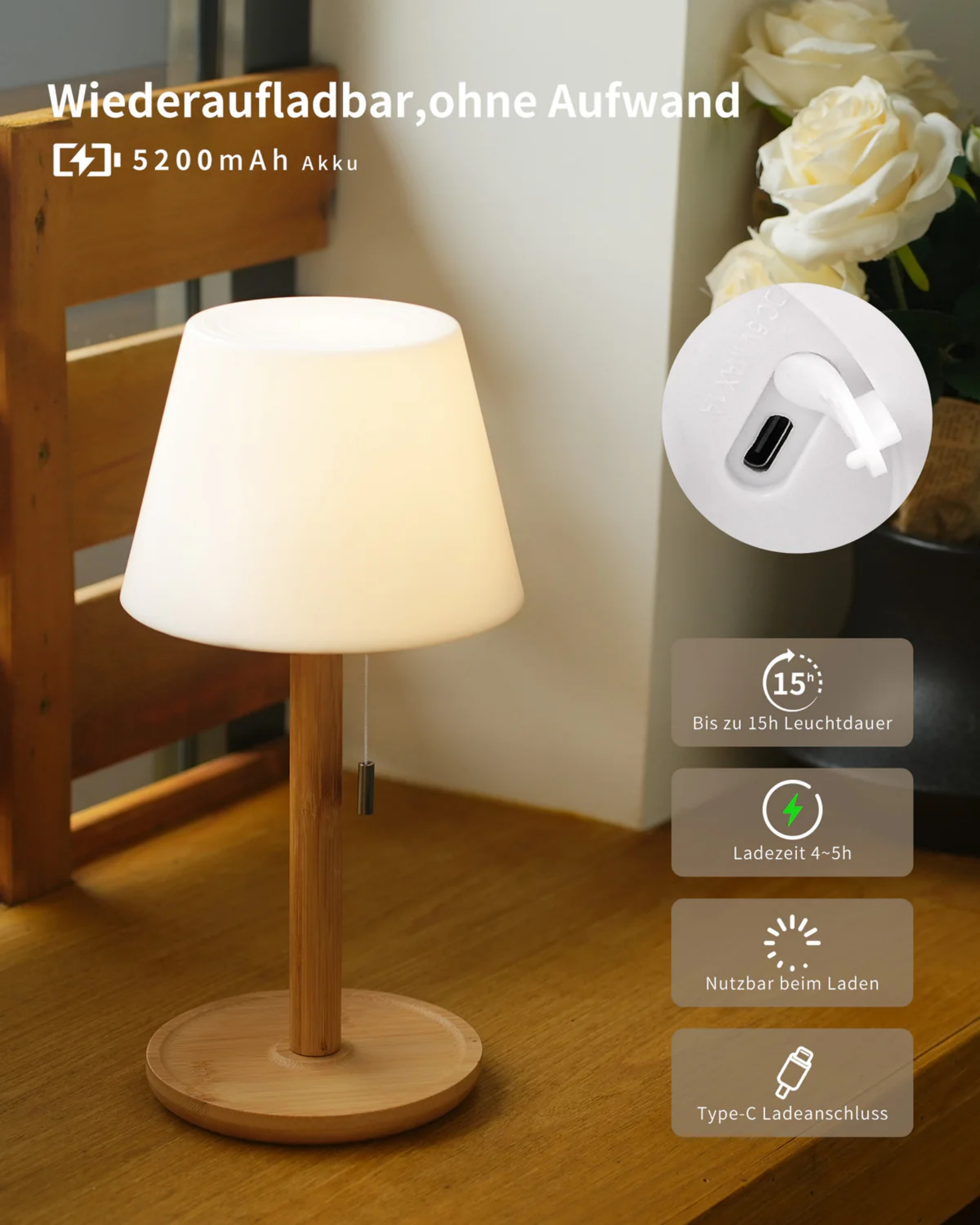 Wiederaufladbare Lampe mit 5200mAh Akku, 15h Leuchtdauer, Type-C.