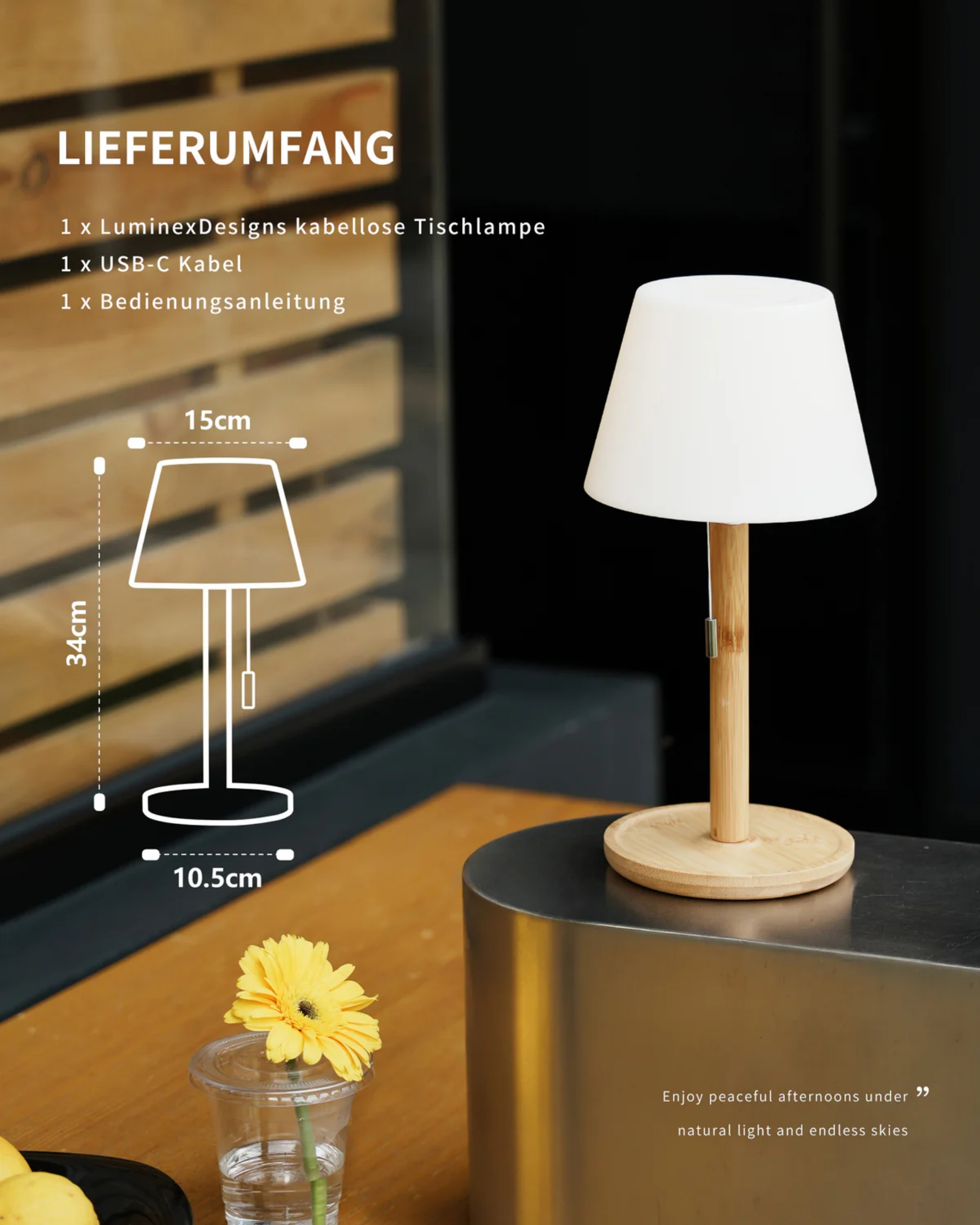 Kabellose Lampe mit Holzakzenten, Maße 34x15x10.5cm. Enthält Lampe, Kabel, Anleitung.