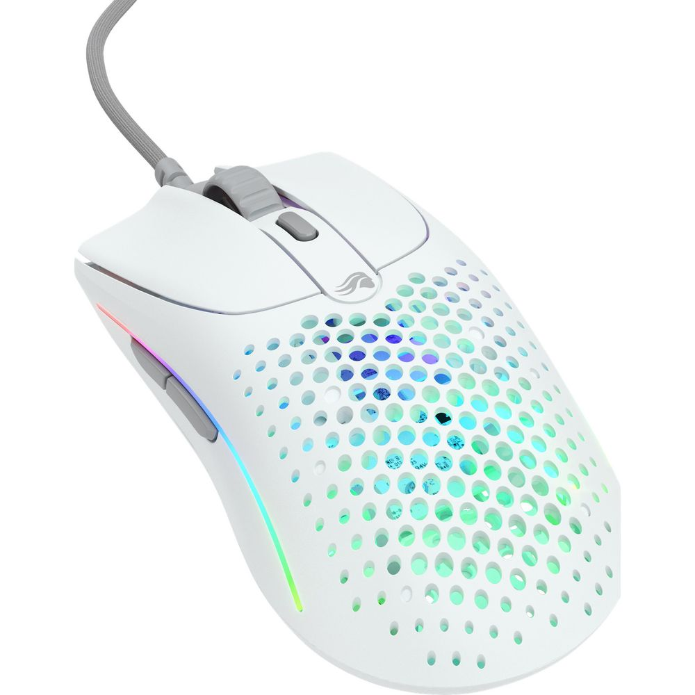 Witte gamingmuis met honingraatontwerp en kleurrijke LED's.