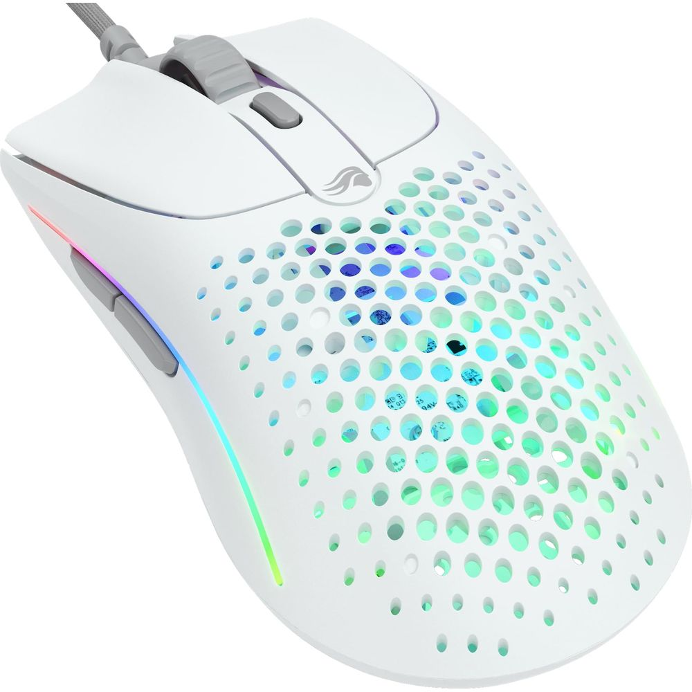 Witte gamingmuis met honingraatontwerp en gekleurde LED's. Grijze knoppen.