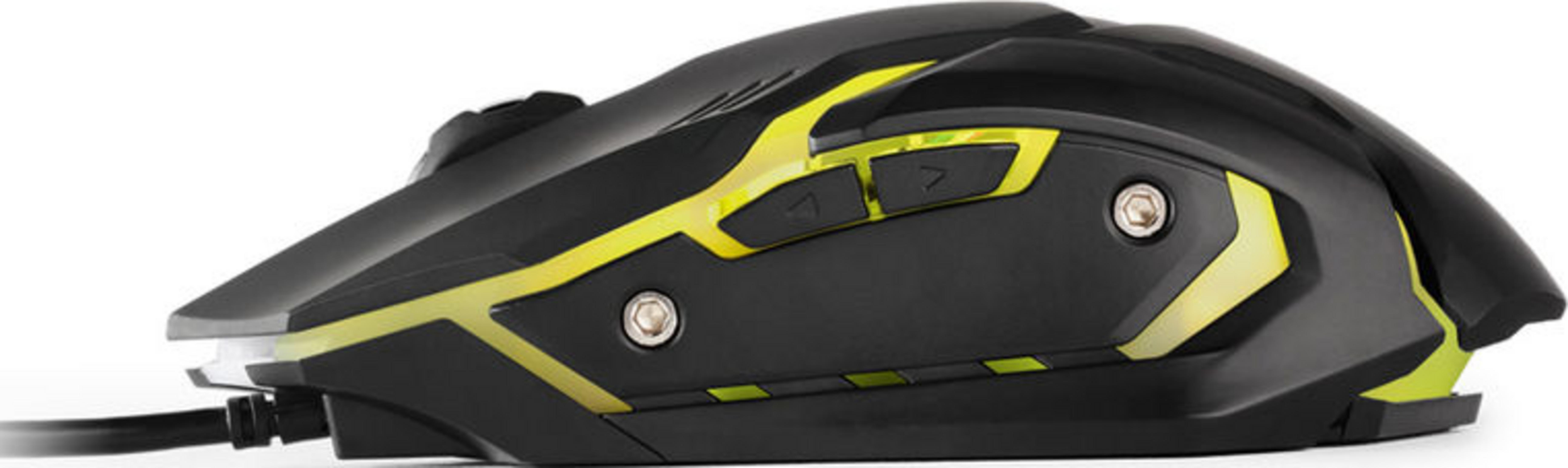 Souris gamer noire avec accents jaunes et boutons visibles.