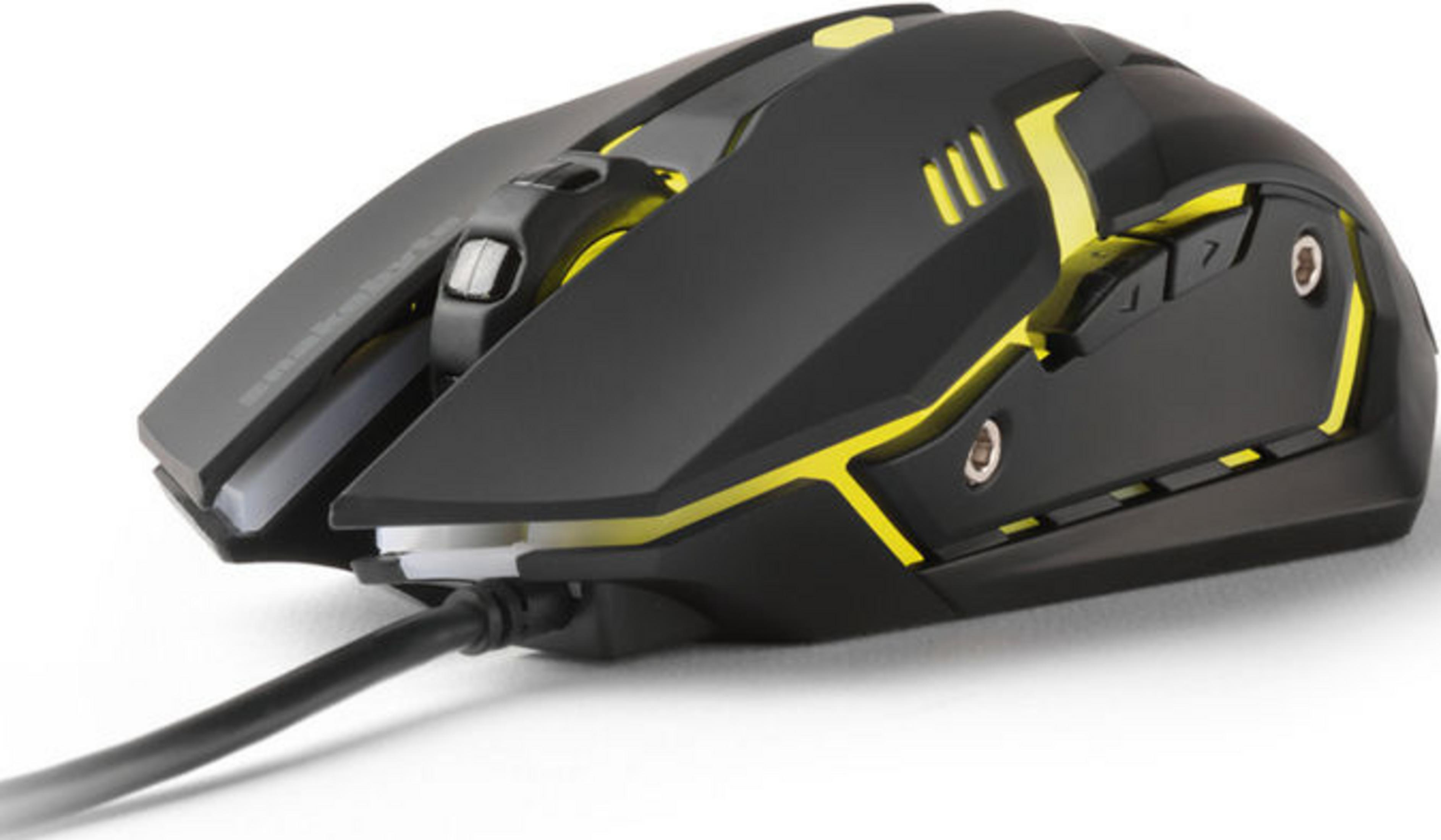 Souris gamer noire avec accents jaunes et câble sur fond blanc.