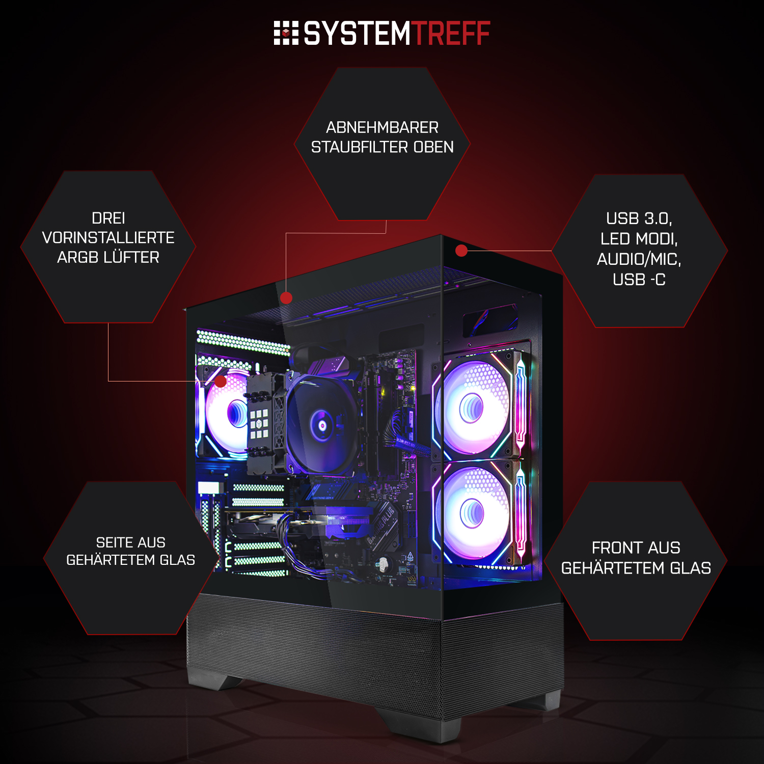 Ein PC-Gehäuse mit ARGB-Lüftern, Glasseiten und Anschlüssen.
