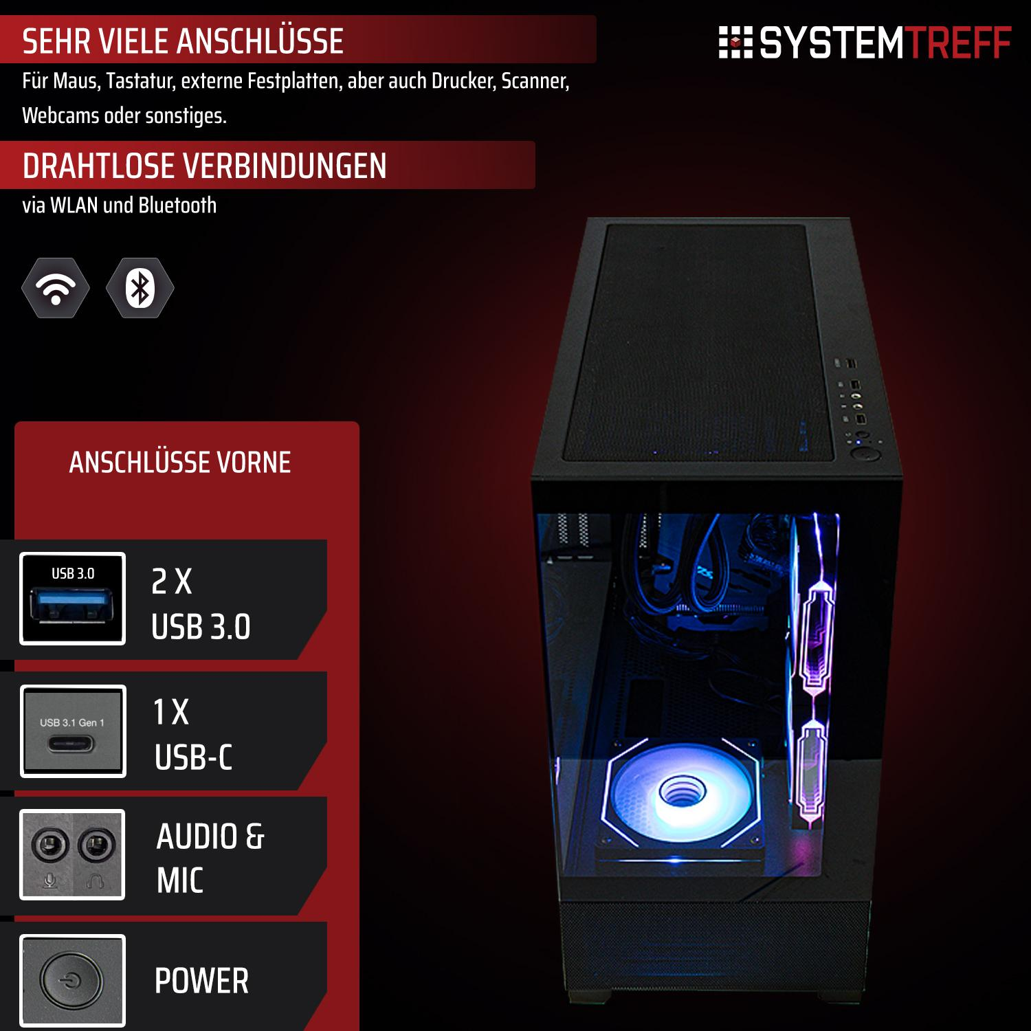 Ein PC-Gehäuse mit vielen Anschlüssen und beleuchtetem Lüfter.