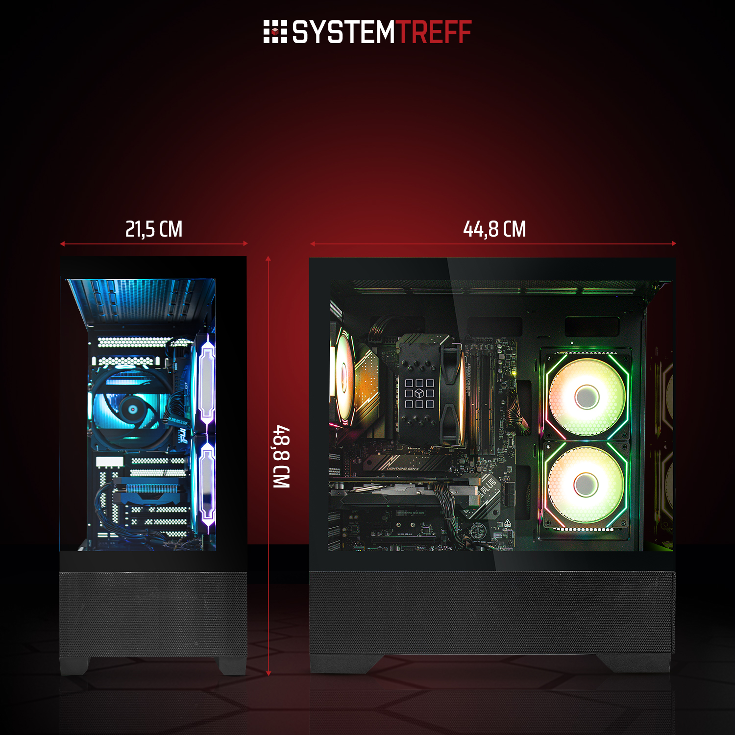 Zwei PCs nebeneinander: links ein schmaler PC, rechts ein breiterer PC mit RGB-Lüftern.
