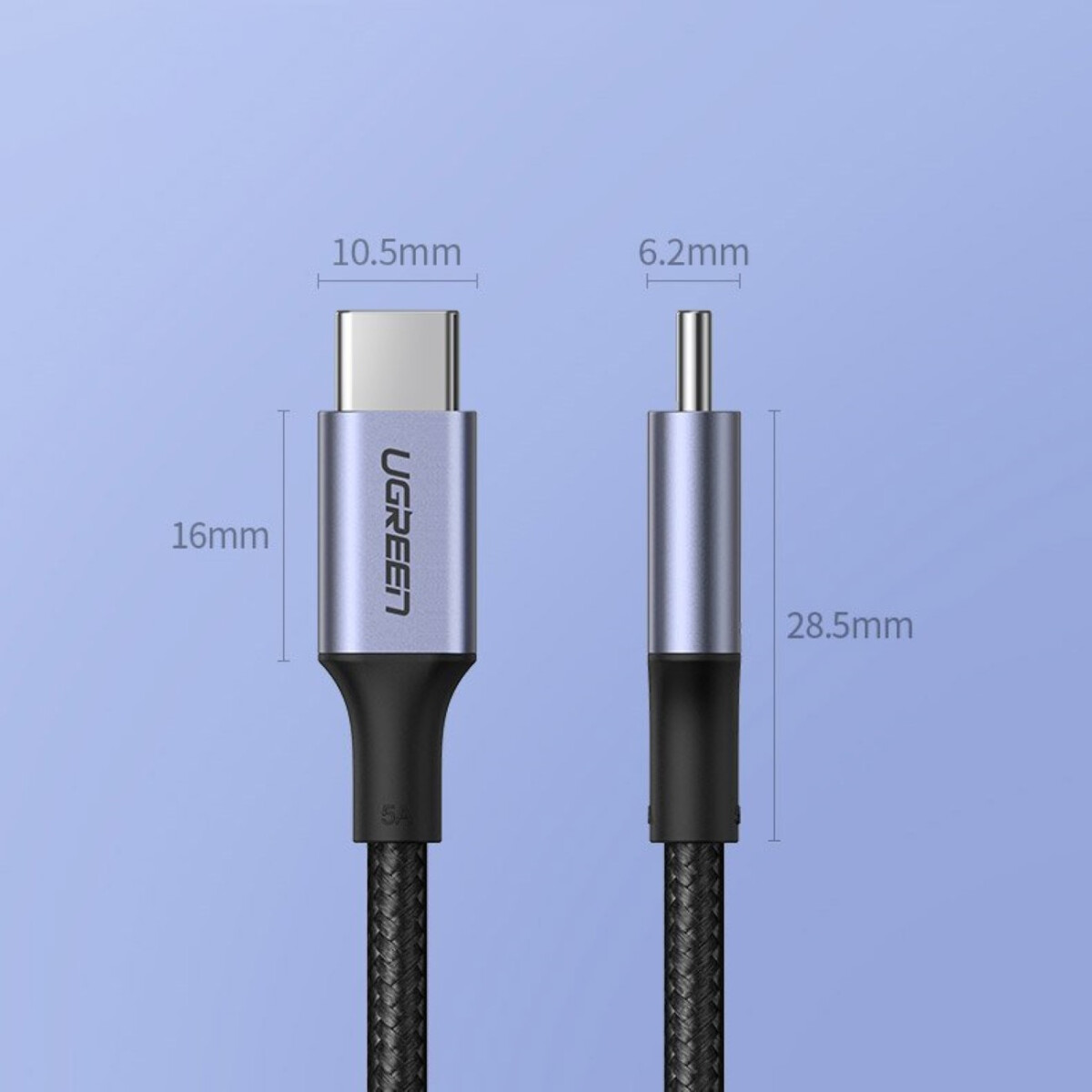 Złącza UGREEN USB-C i jack z wymiarami: 10,5mm, 16mm, 6,2mm, 28,5mm.