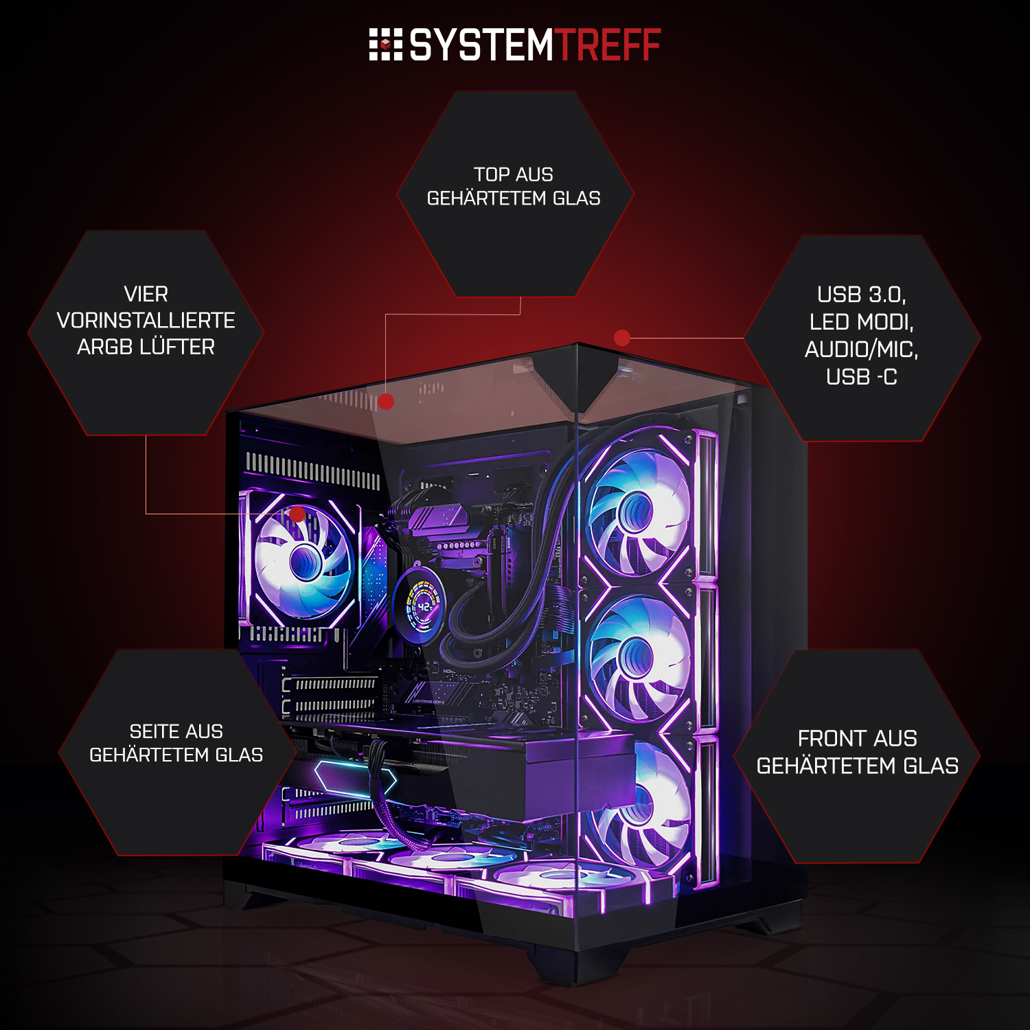 Ein PC-Gehäuse mit vier ARGB-Lüftern, Glasfront und -seite.