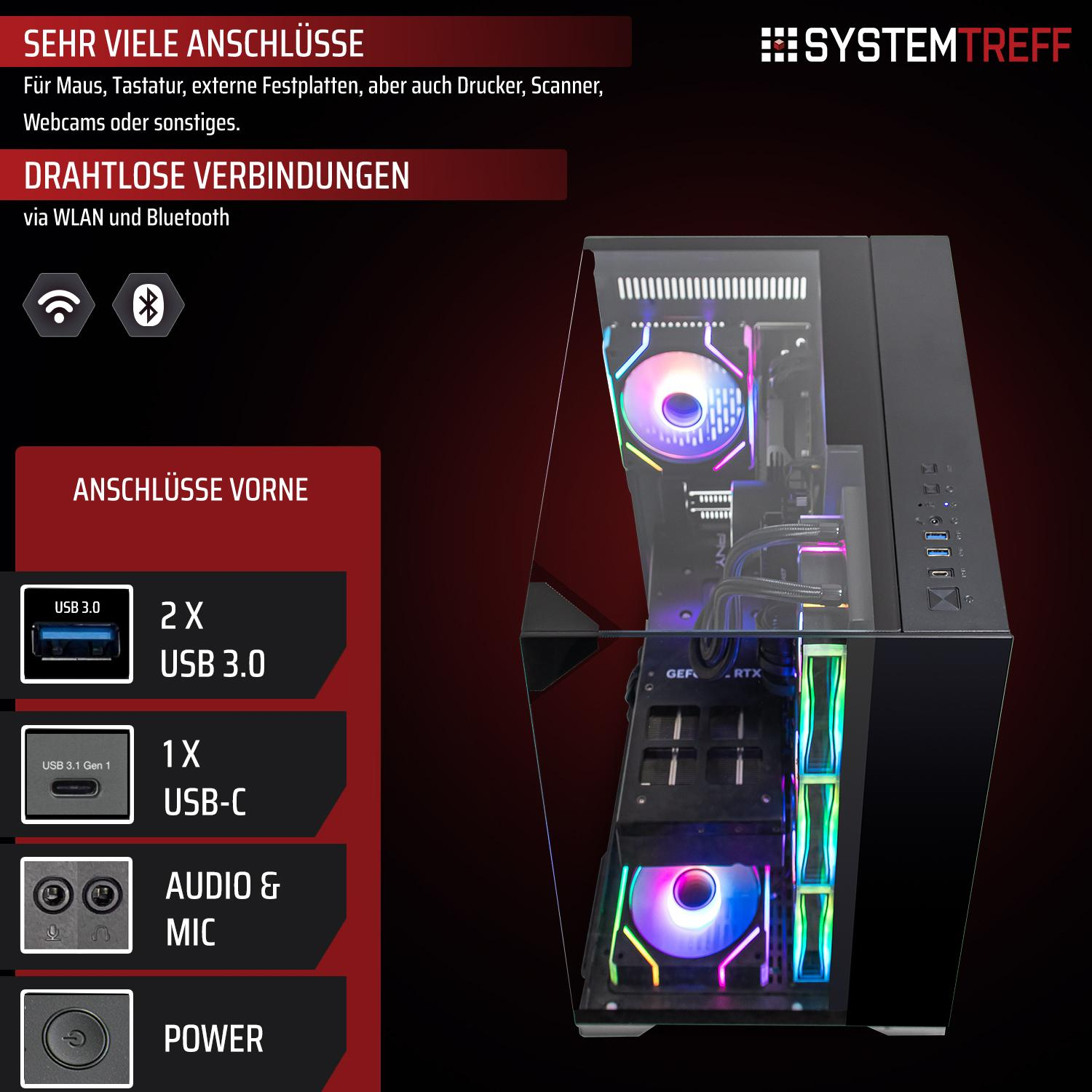 Ein PC-Gehäuse mit vielen Anschlüssen und RGB-Beleuchtung.