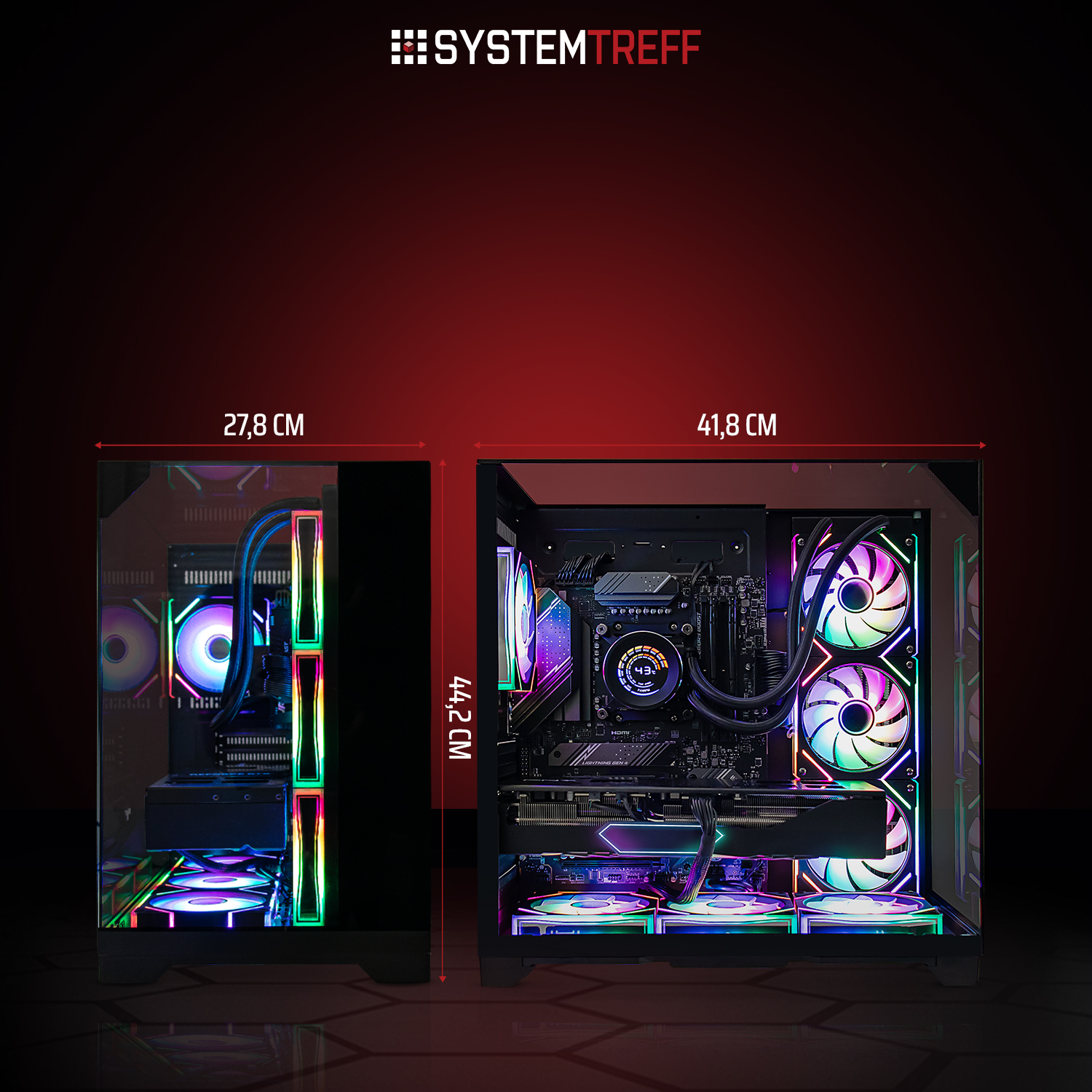 Zwei beleuchtete Computergehäuse nebeneinander, mit Maßen.
