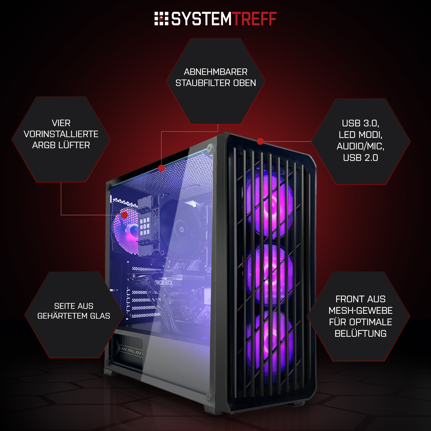 Ein PC-Gehäuse mit vier ARGB-Lüftern, Glasseite und Mesh-Front.