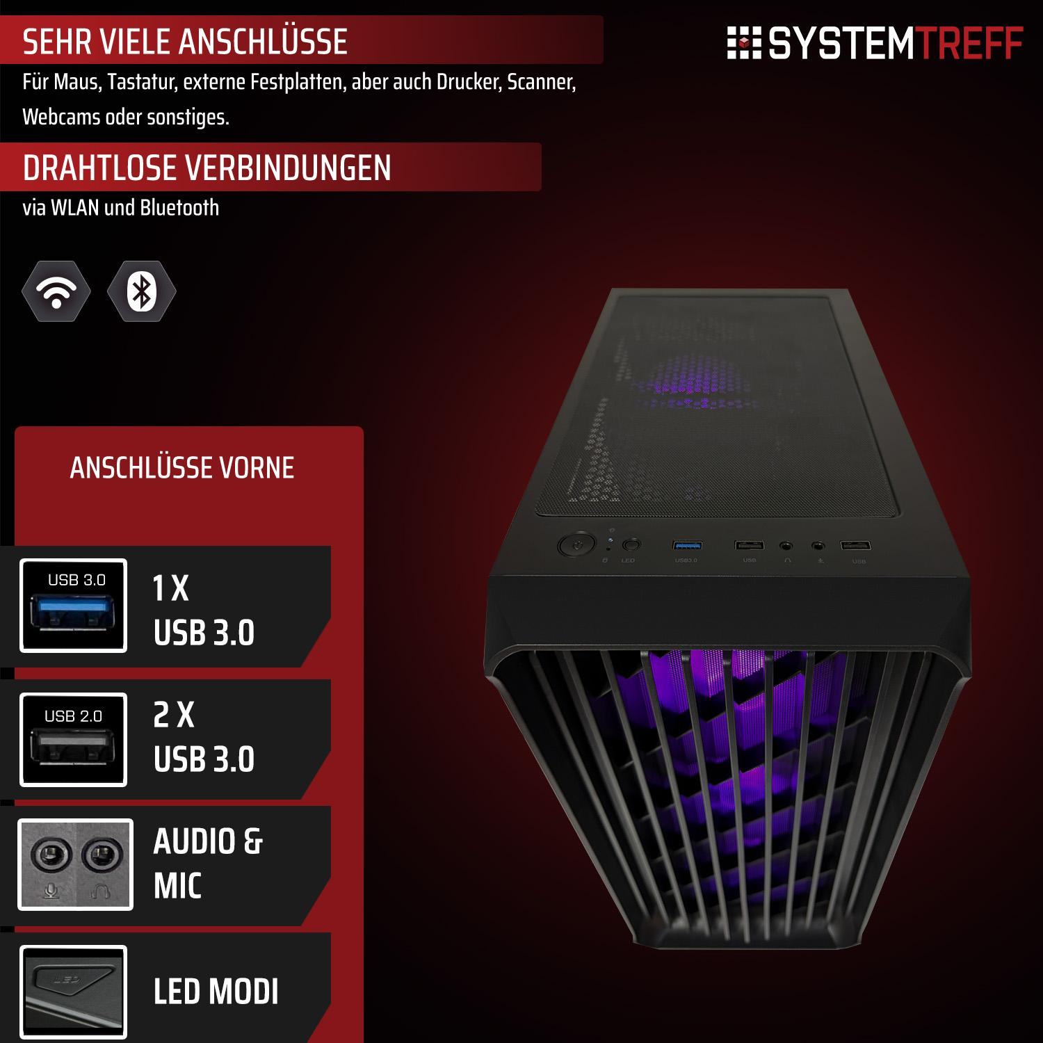 Ein schwarzer PC-Tower mit lila Lüftern. Links sind Anschlüsse aufgelistet.