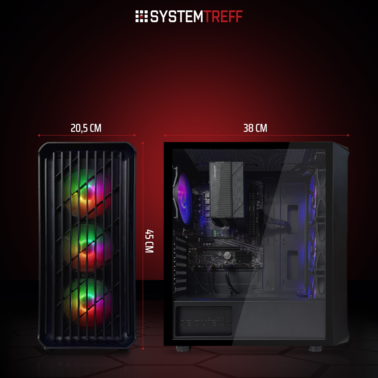 Zwei Computergehäuse, eins geschlossen, eins offen. RGB-Lüfter.
