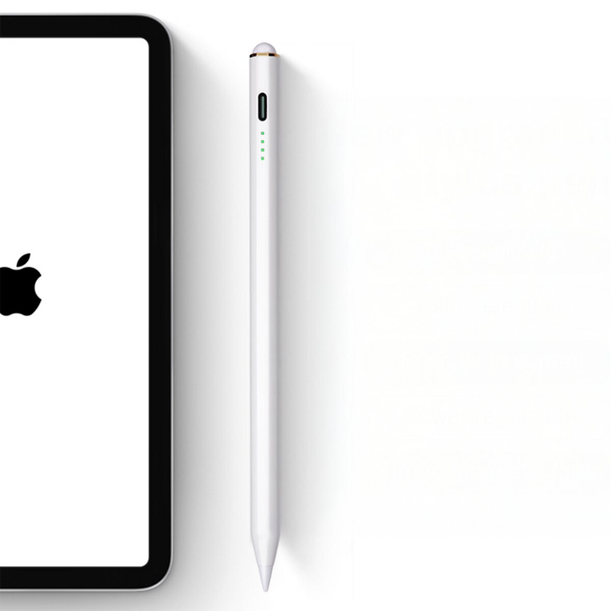 Ein weißer Stift neben einem Tablet mit Apple-Logo.