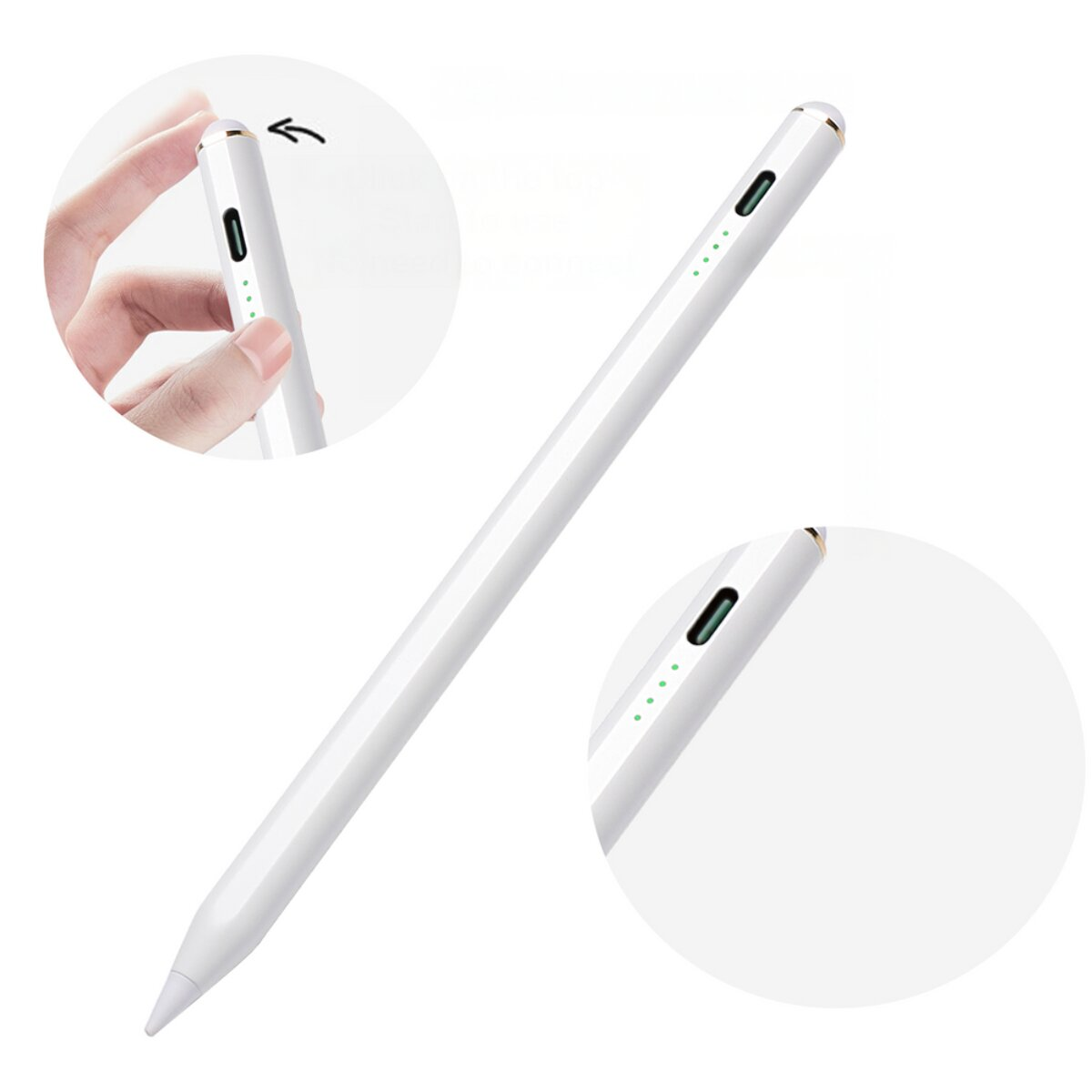 Ein weißer Eingabestift mit einem goldenen Akzent und Ladeanzeige-LEDs.