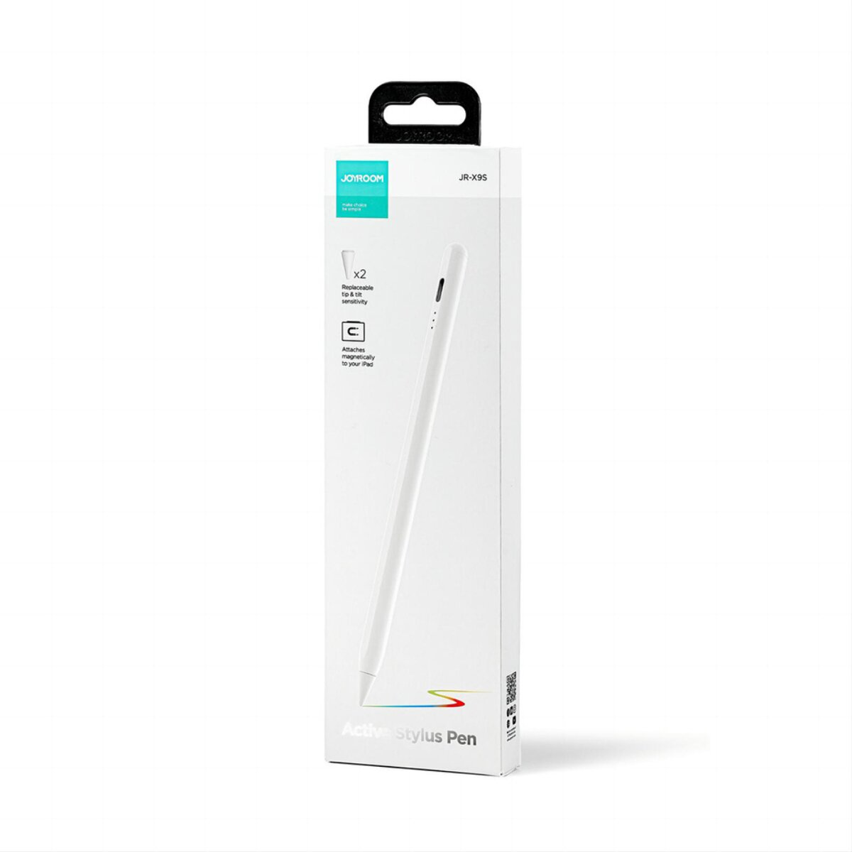 Verpackung eines weißen aktiven Stiftes mit JOYROOM-Logo und Produktinformationen.