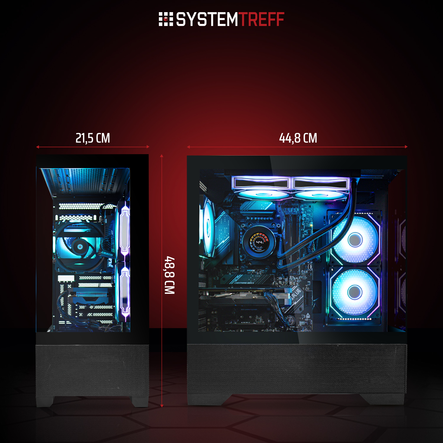 Zwei PCs nebeneinander, Maße angegeben. Linker PC schmal, rechter breiter mit RGB-Lüftern.