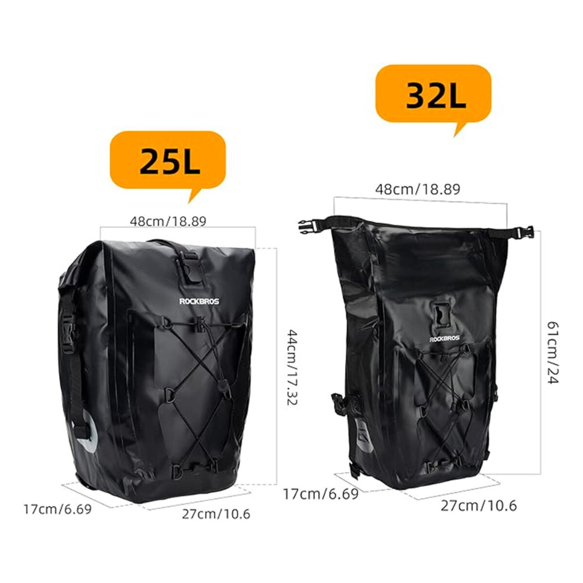 Zwei schwarze wasserdichte Fahrradtaschen mit Maßen und Kapazitäten.