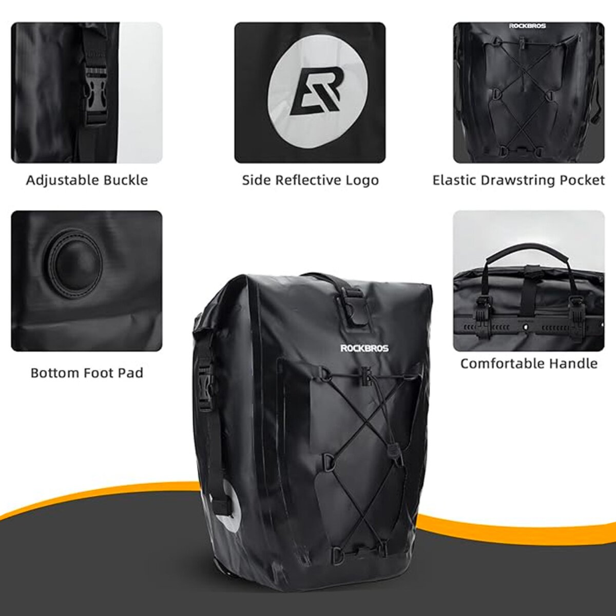 Schwarze Fahrradtasche mit Riemen, Schnallen und reflektierendem Logo.