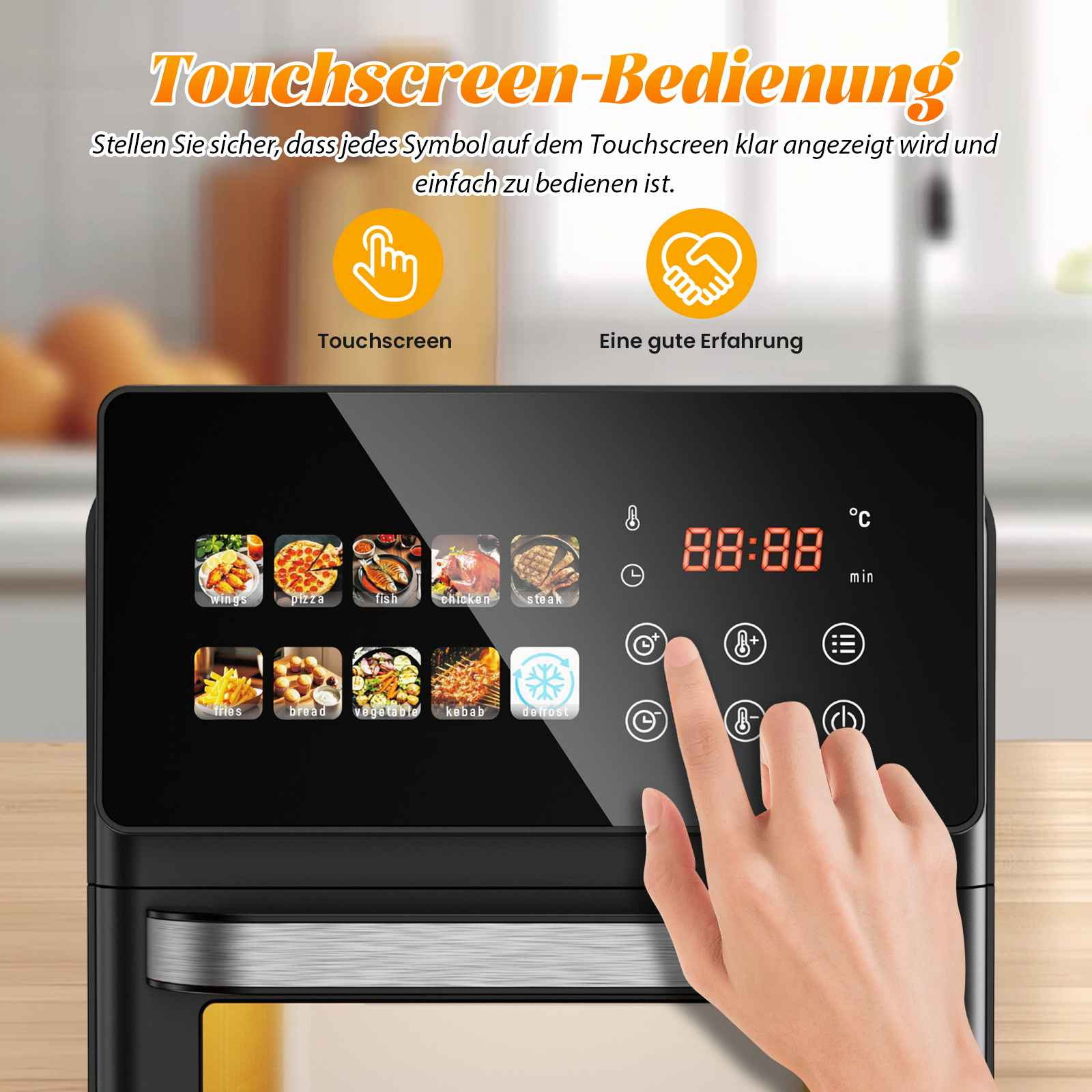 Eine Hand bedient ein Airfryer-Touchscreen mit Menüoptionen.