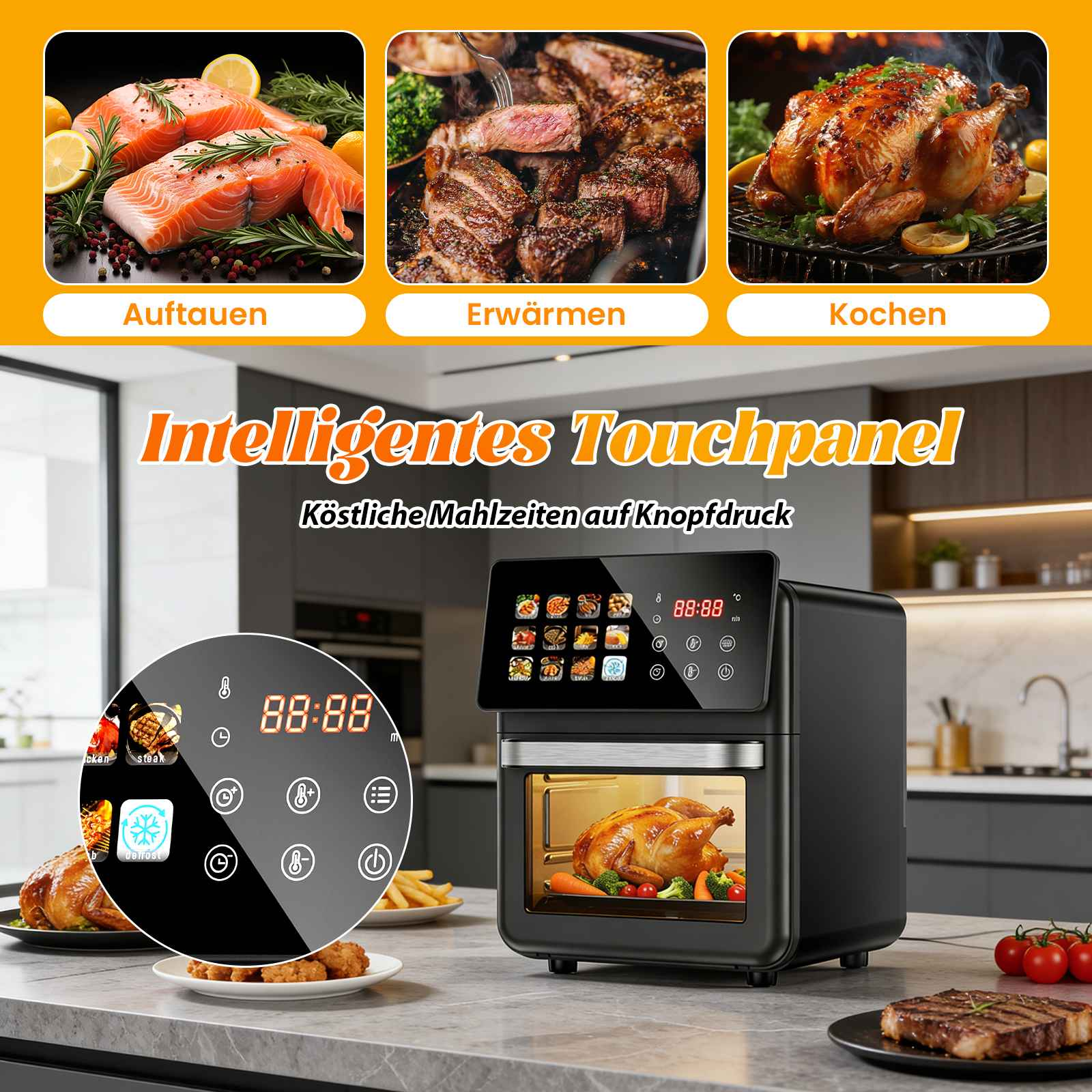 Ein moderner Ofen mit Touchscreen zeigt Kochoptionen. Daneben sind Speisen wie Lachs, Steak und Huhn zu sehen.