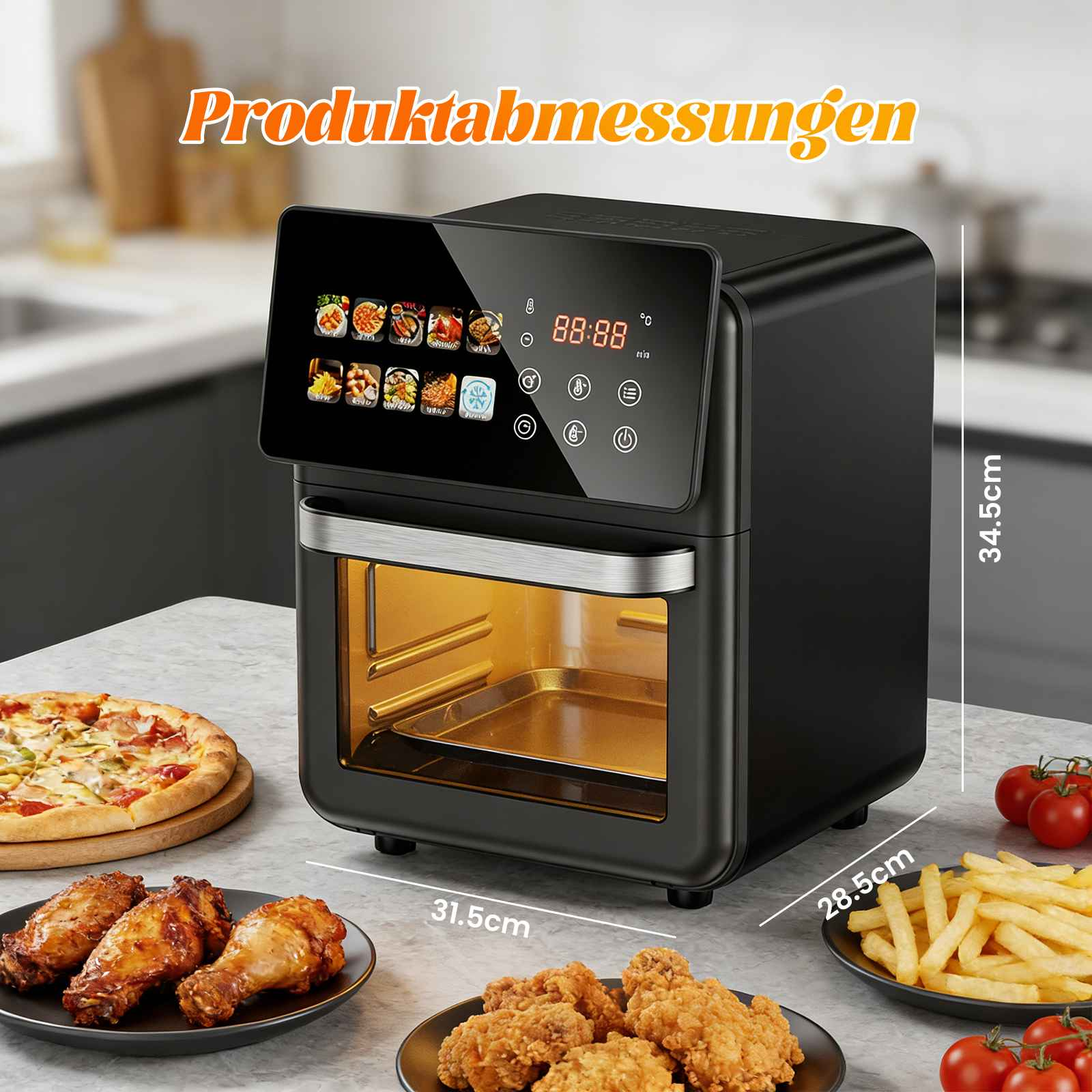 Ein schwarzer Heißluftfritteusen-Ofen mit Display und Lebensmitteln.