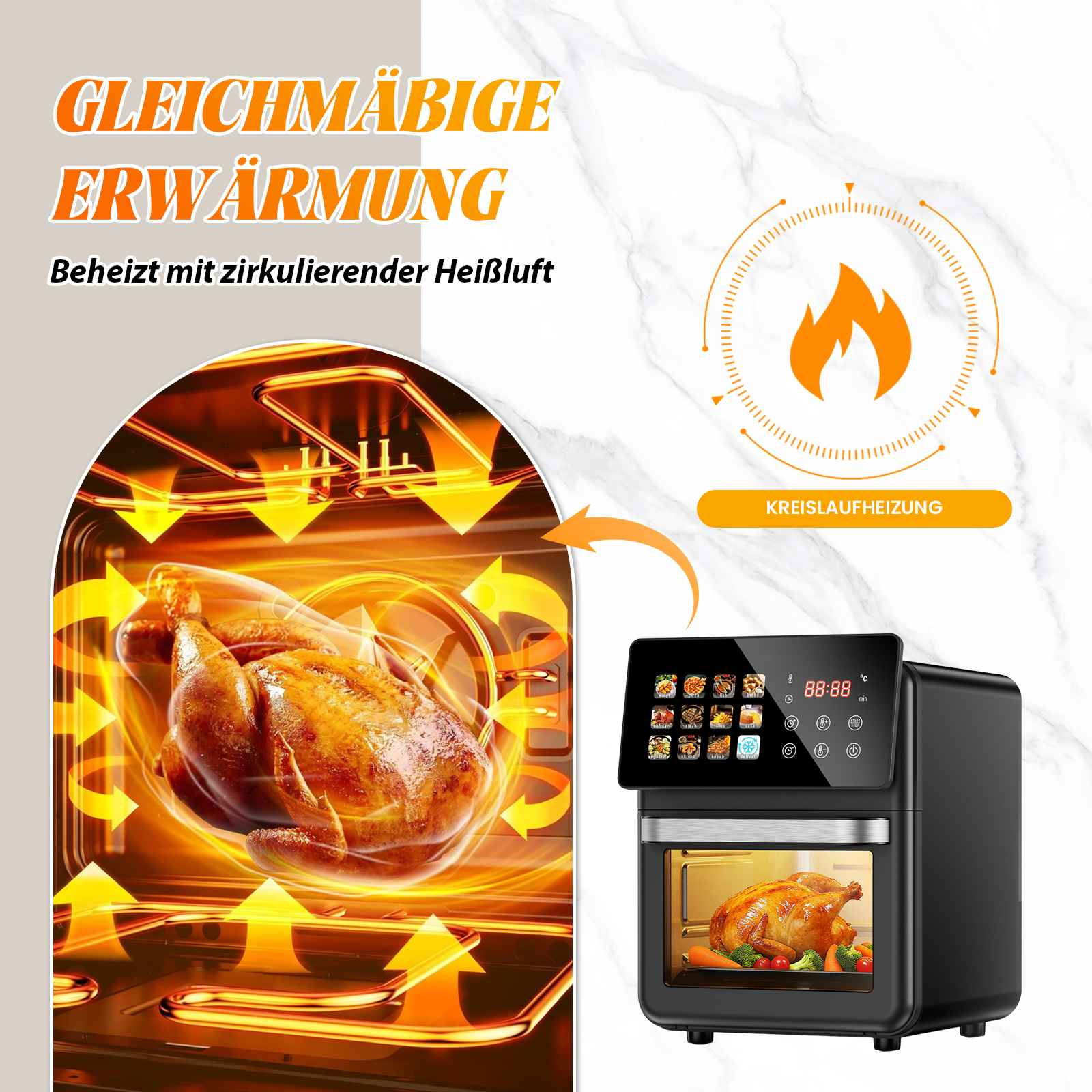 Ein Brathähnchen gart in einem Ofen mit Heißluftpfeilen und einem Airfryer mit Display.