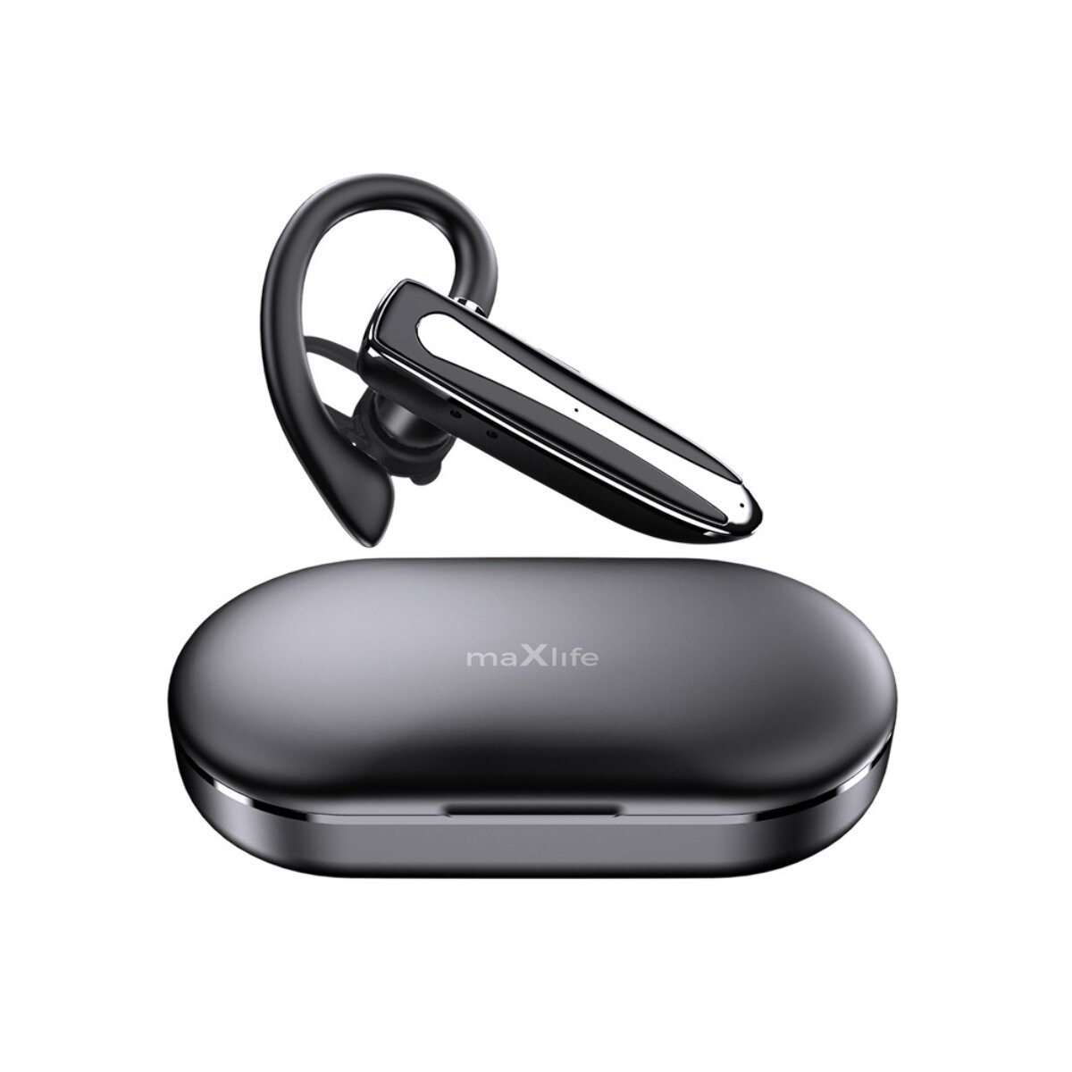 Auricolare Bluetooth nero con custodia di ricarica, marca maxlife.