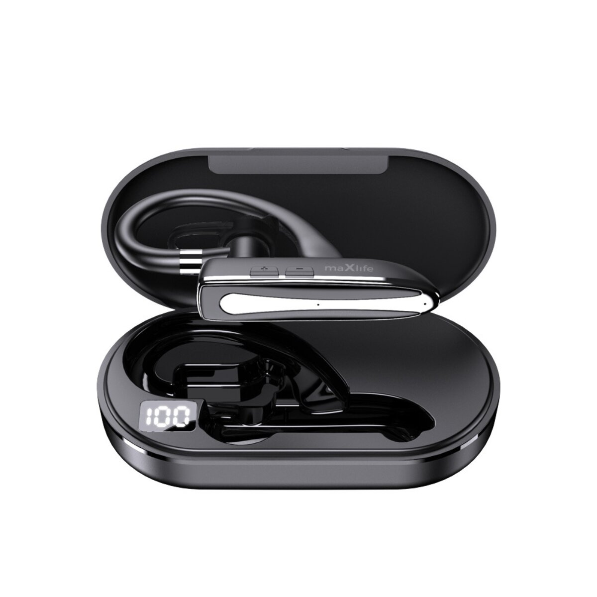 Custodia nera aperta con auricolare argento e nero e display digitale 100.