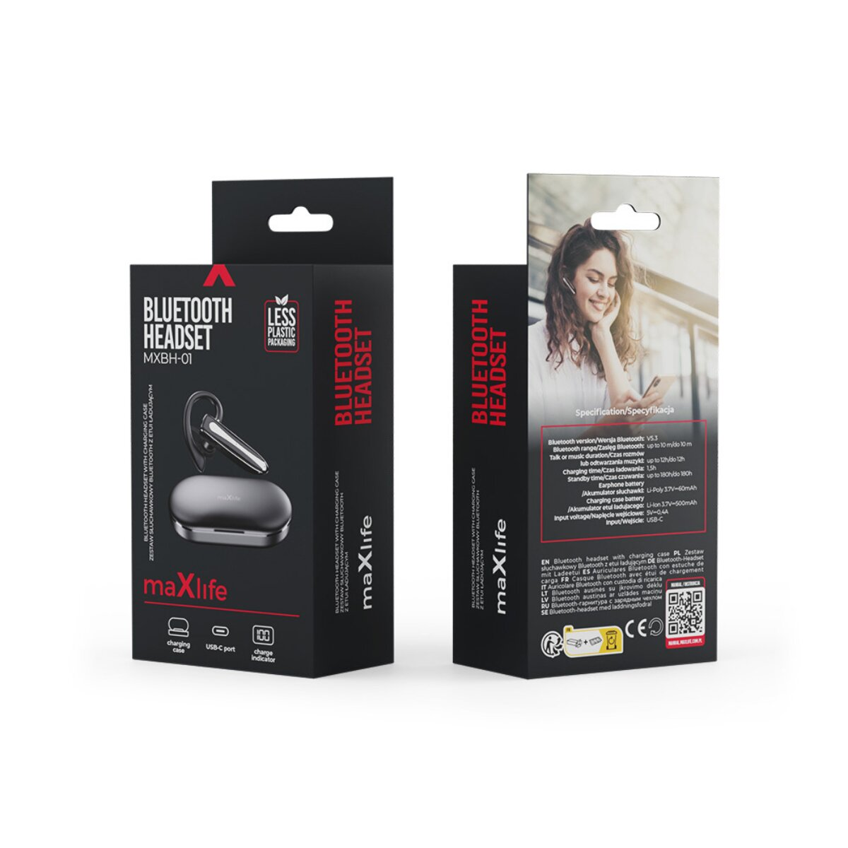 Confezione auricolari Bluetooth, vista frontale e laterale.