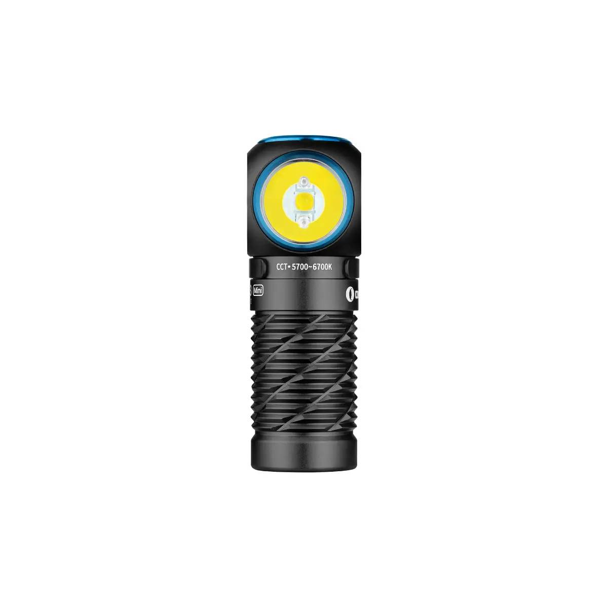 Una torcia frontale nera con accento blu e luce LED brillante.