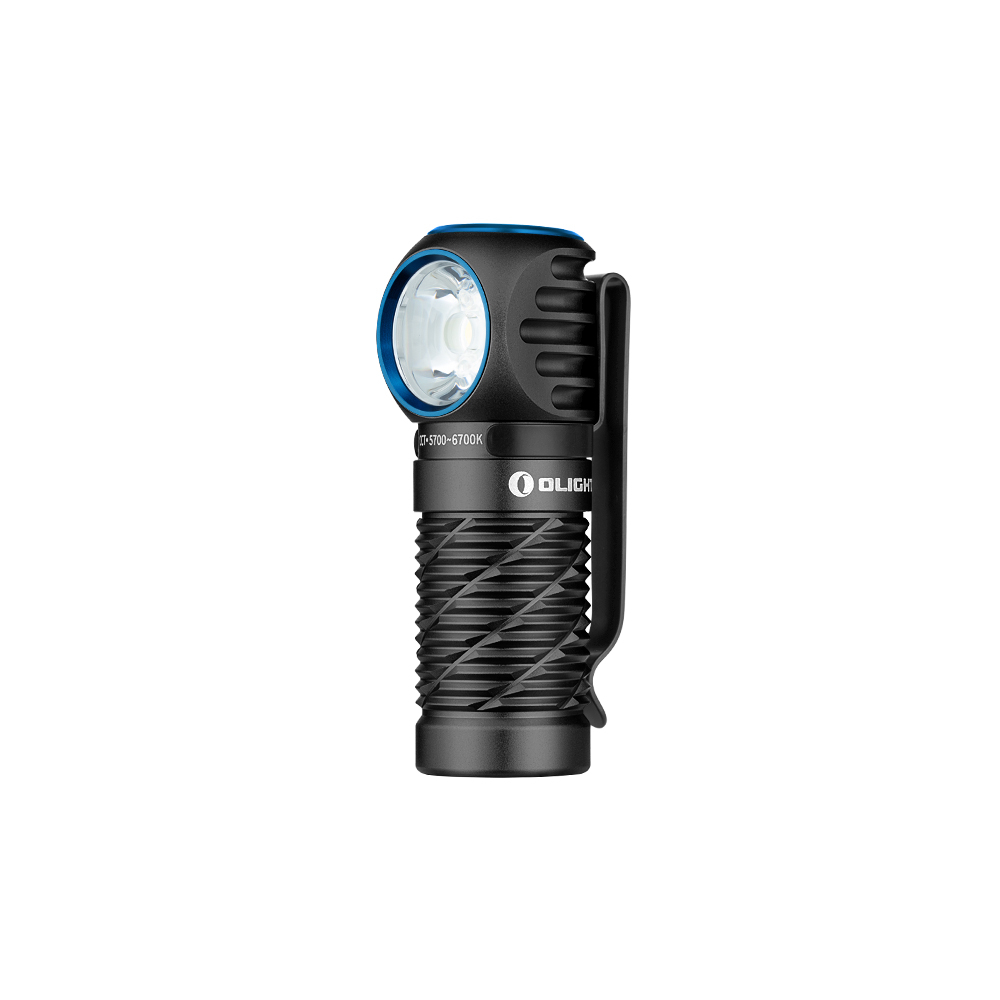 Torcia frontale nera con anello blu e clip argentata. Impugnatura a coste.