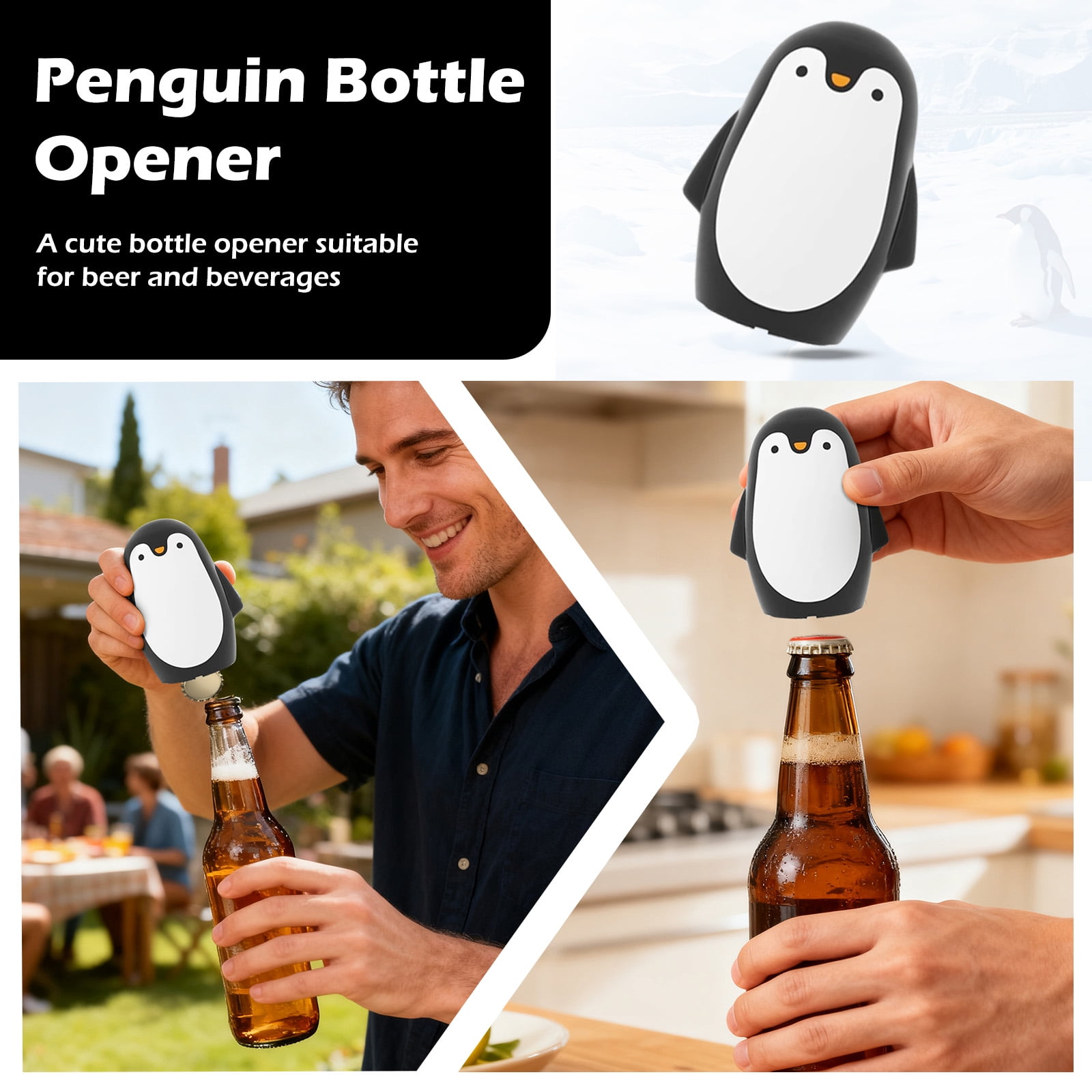 Ein Mann öffnet eine Bierflasche mit einem Pinguin-Flaschenöffner im Garten.