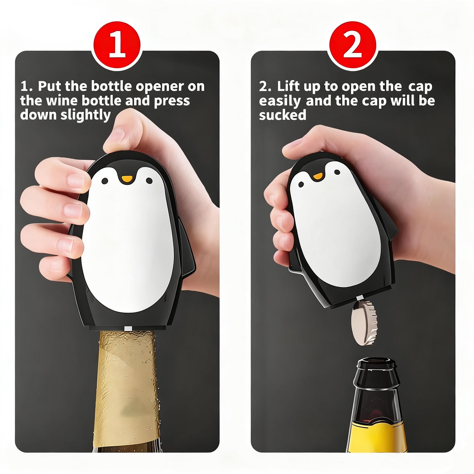 Eine Person benutzt einen Pinguin-Flaschenöffner, um einen Kronkorken von einer Flasche zu entfernen.