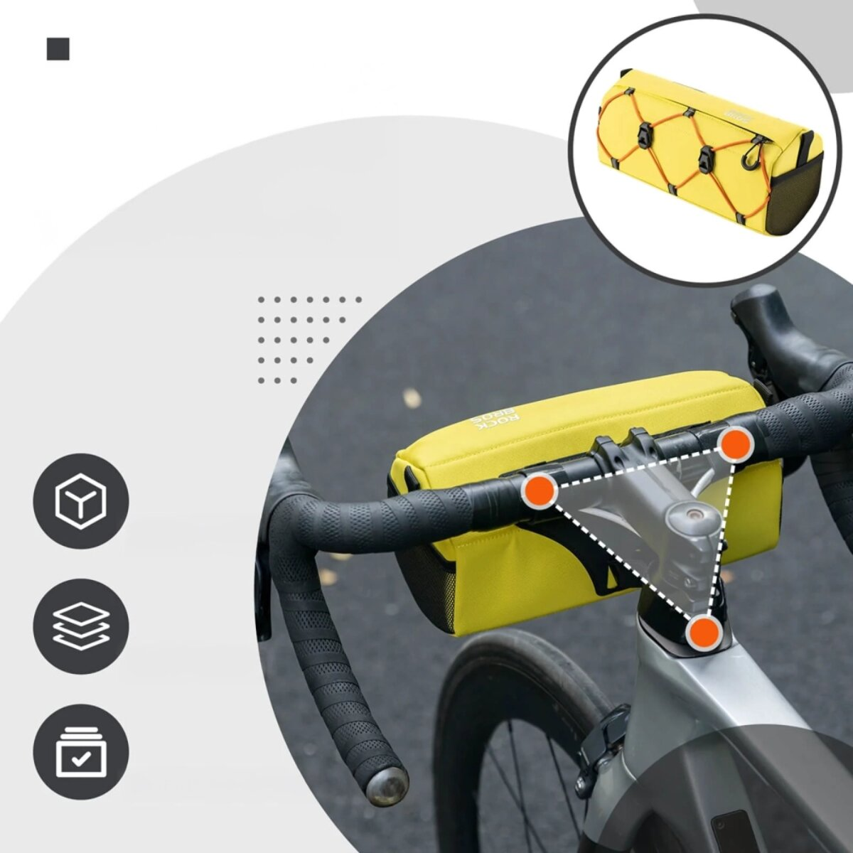Bolsa de bicicleta amarilla en el manillar con detalles naranjas.
