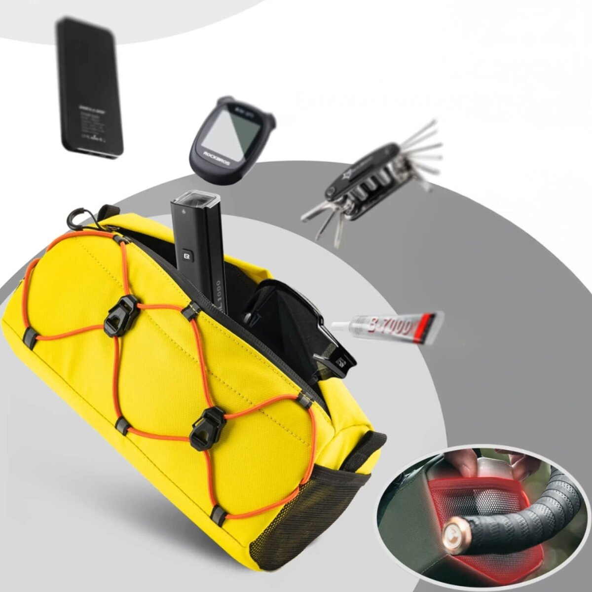 Bolsa amarilla para bicicleta con accesorios: teléfono, ciclocomputador, herramienta, luz.