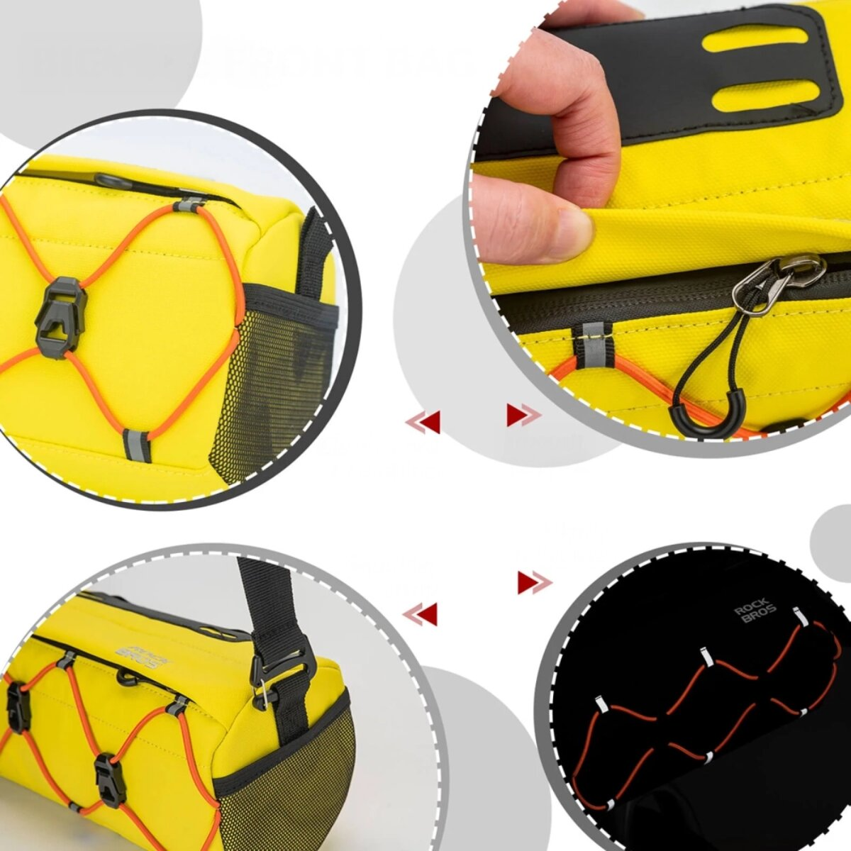 Bolsa amarilla para bicicleta con cordones rojos y bolsillos de malla. Primeros planos muestran detalles.