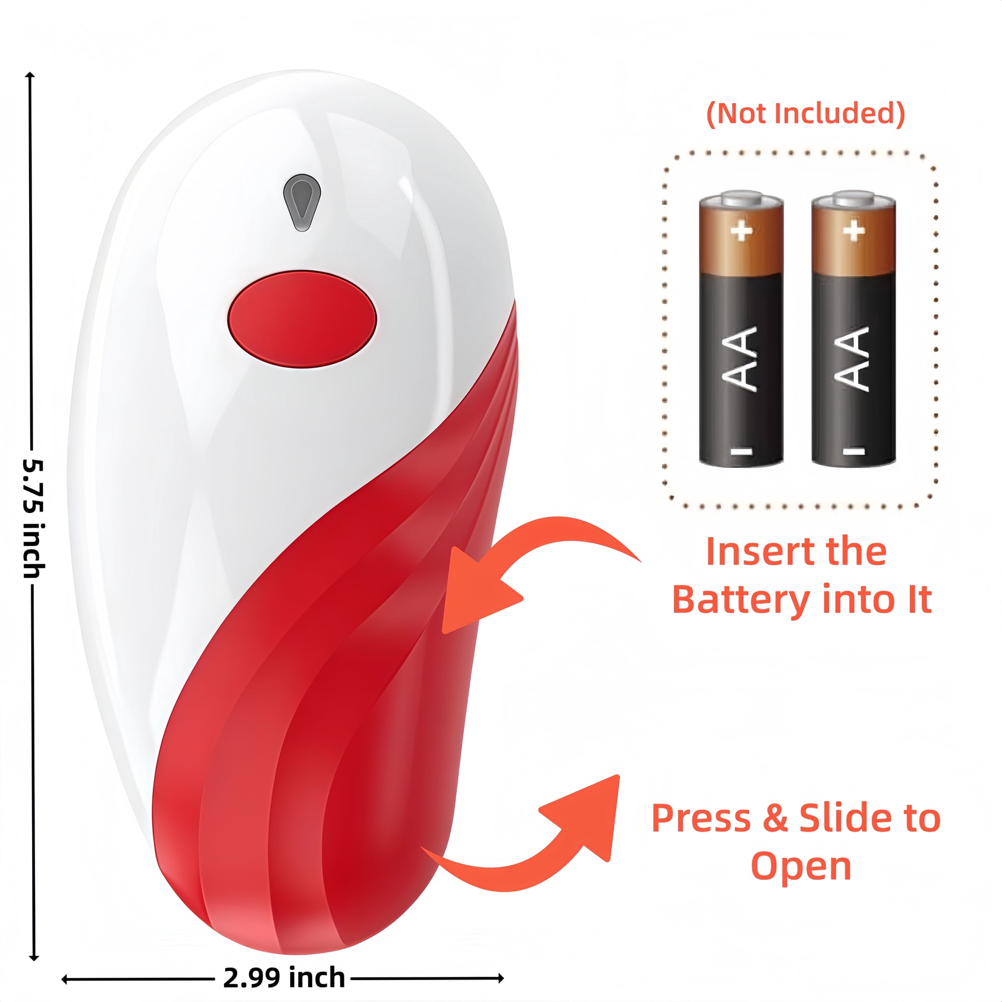 Weißes und rotes Gerät mit AA-Batterien (nicht enthalten).