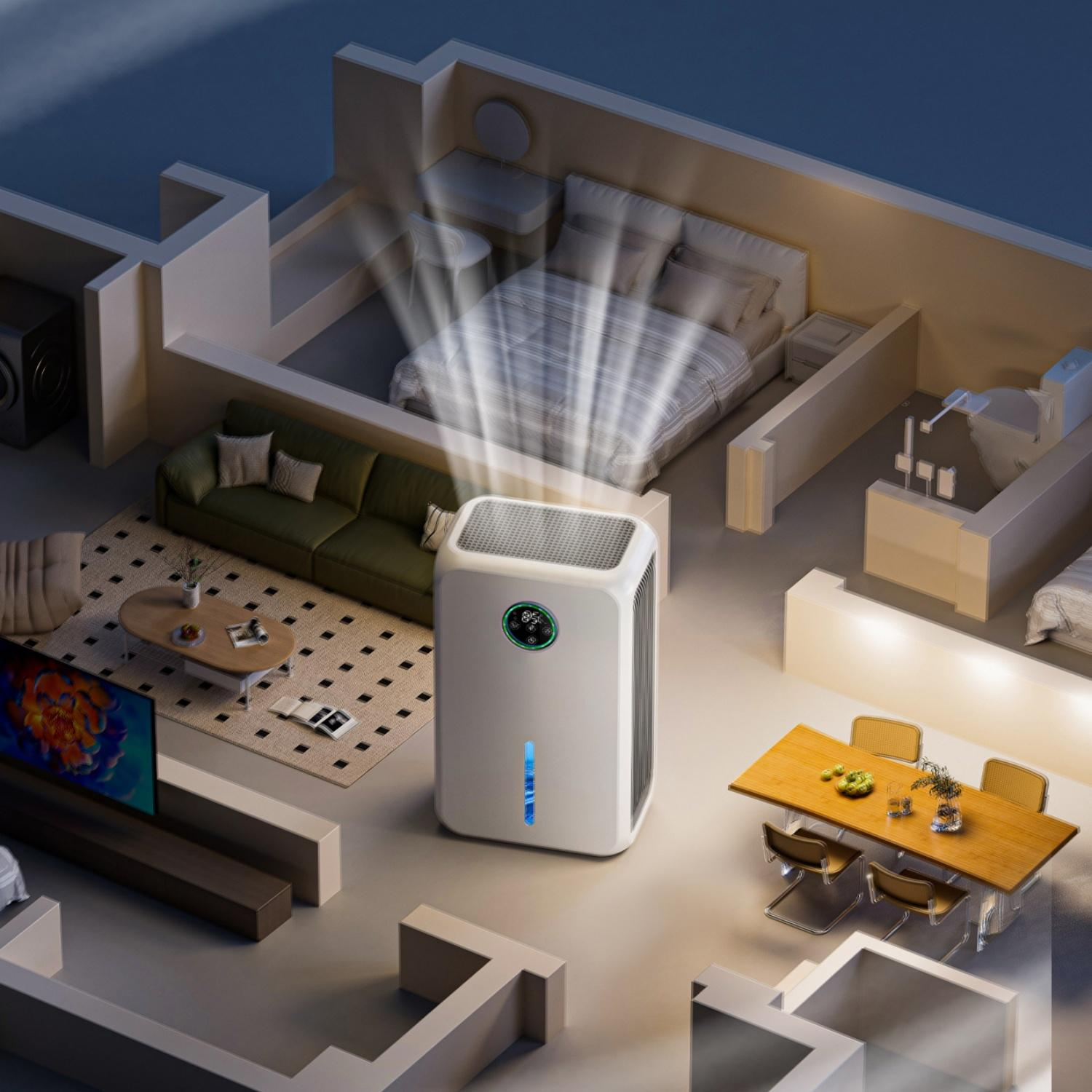 Ein weißer Luftreiniger steht in einem minimalistischen Wohnraum mit Sofa, TV und Esstisch.