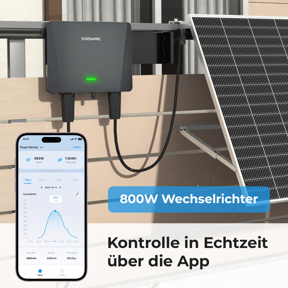 Ein Wechselrichter mit Solarmodul und App-Anzeige. 800W Wechselrichter.