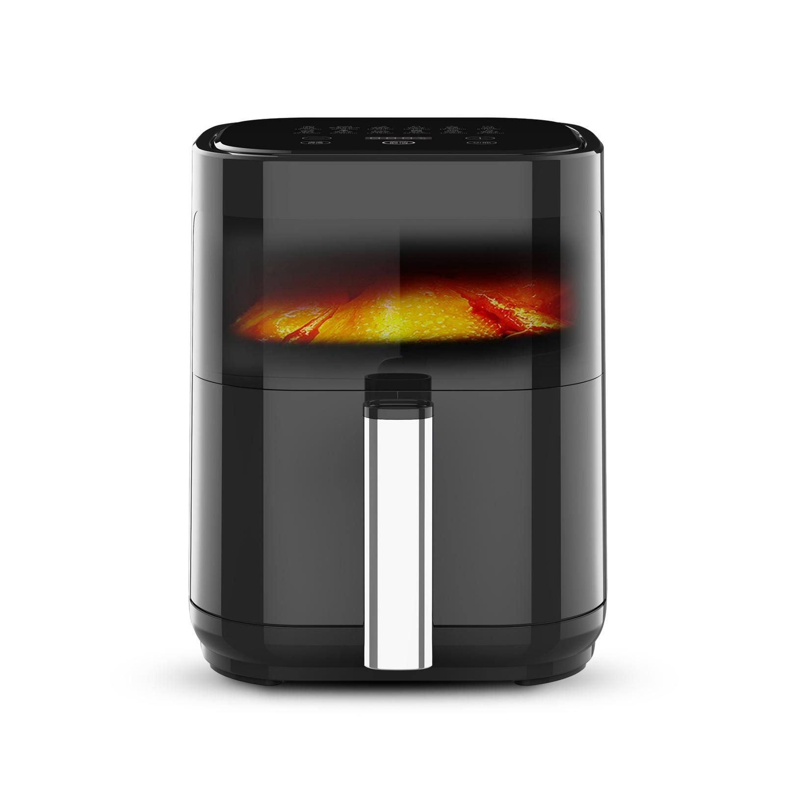 Schwarzer Airfryer mit digitalem Display und sichtbarem Bratgut im Inneren.