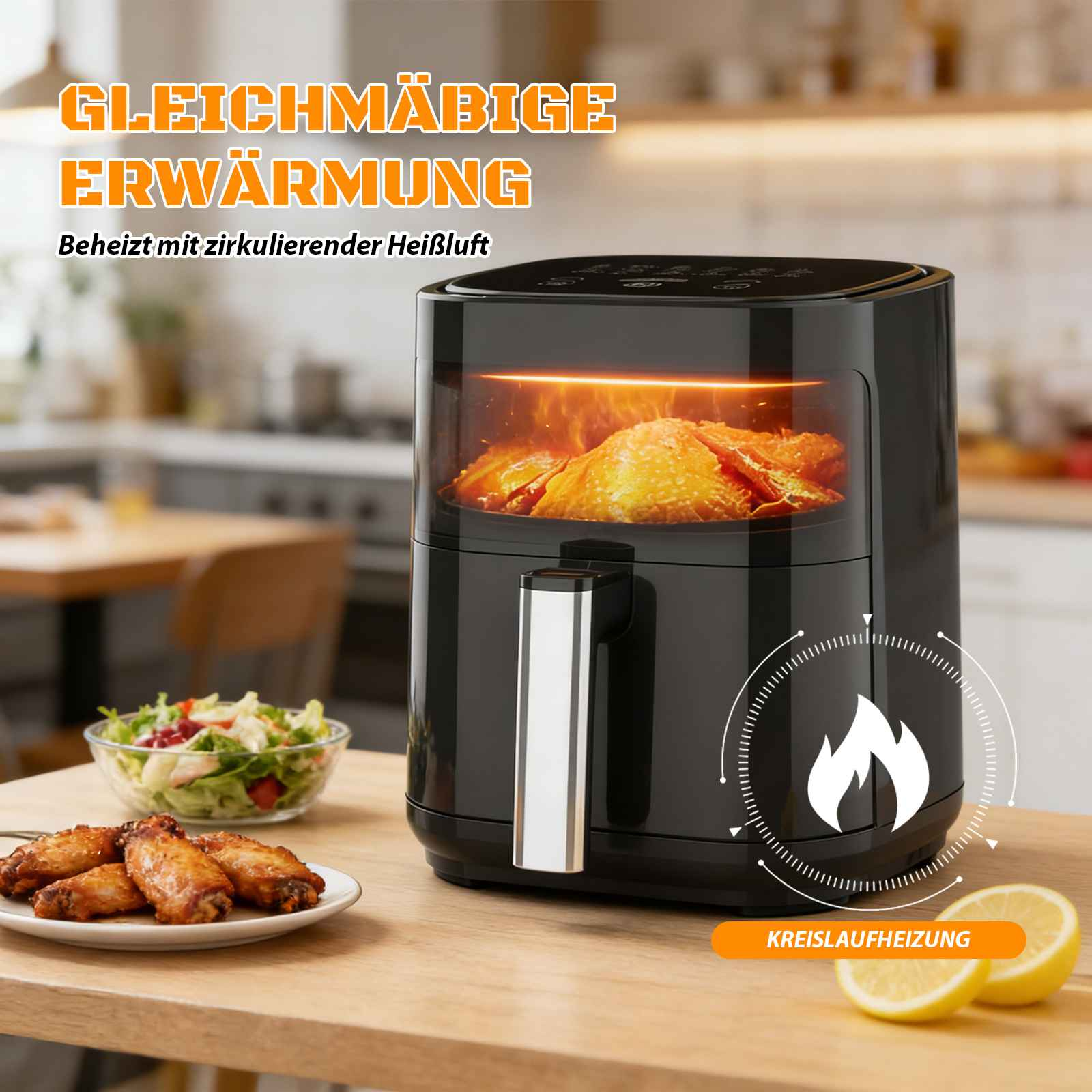 Schwarzer Heißluftfritteuse mit Hähnchen und Beilagen. Rundum Erwärmung.